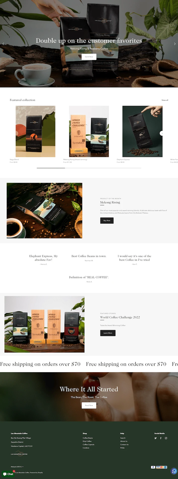 Landing page of Lao Mountain Coffee's website.