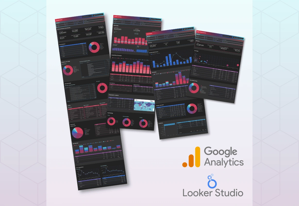 Dark themed year-end/annual Google Analytics Looker Studio dashboards.