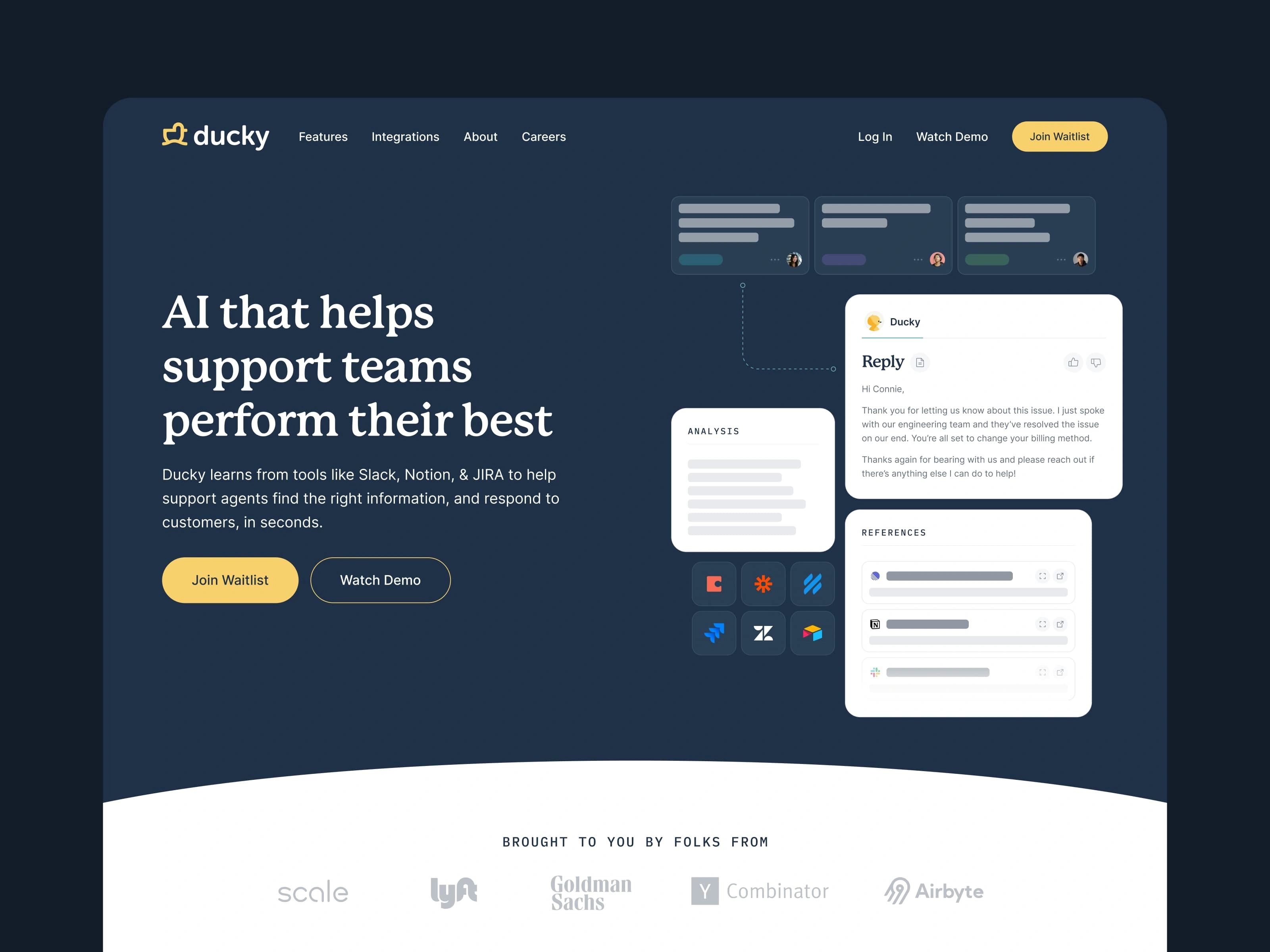 Homepage hero section with an engaging animation that communicates how Ducky works.