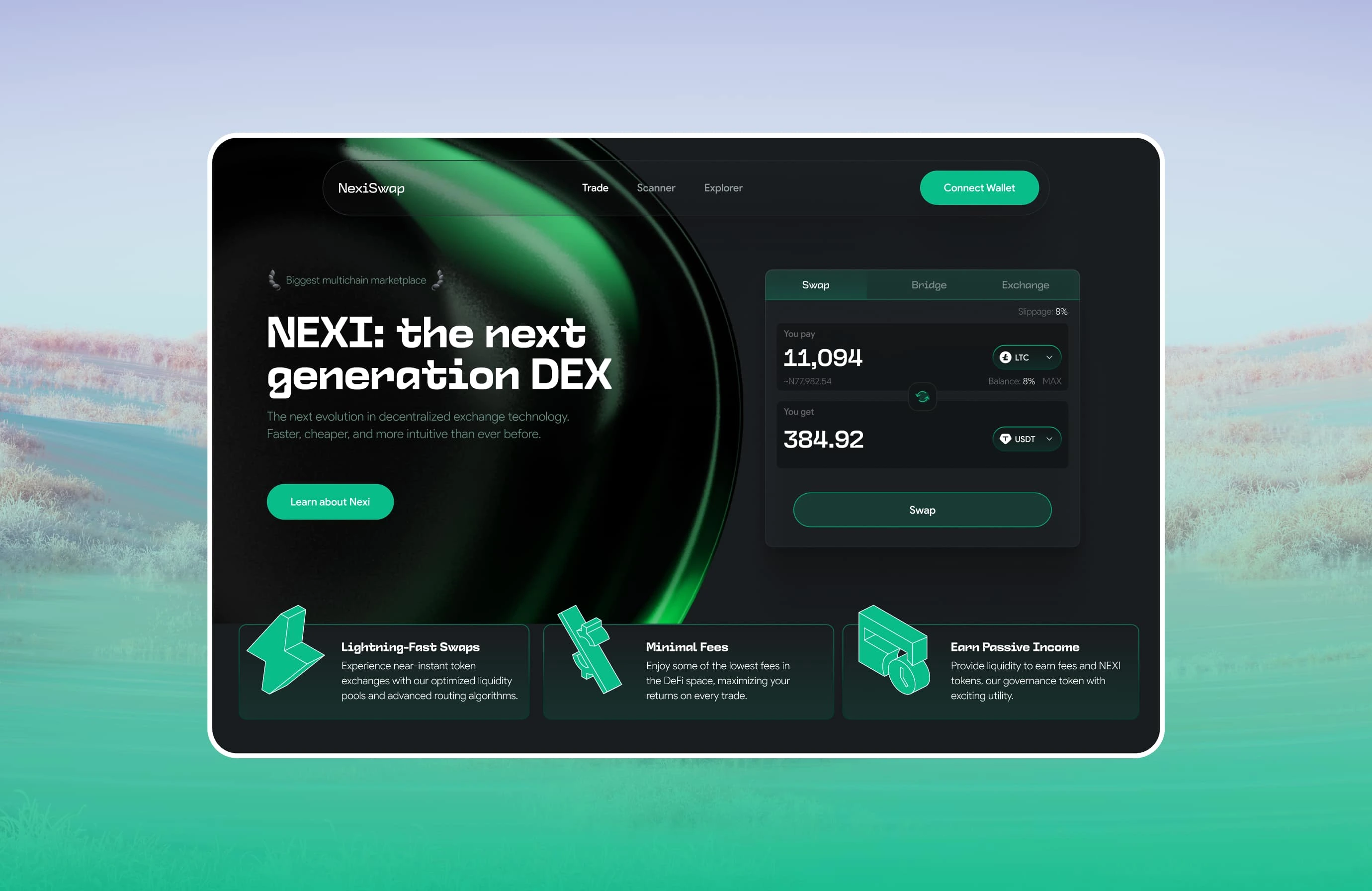 Hero section of NexiSwap Landing Page