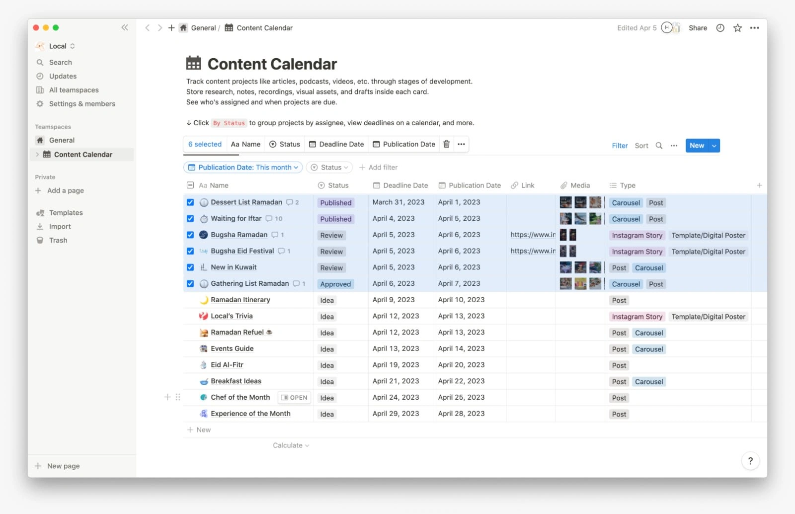 (Research and Discovery/Content Creation) Content Calendar on Notion shared with the client.