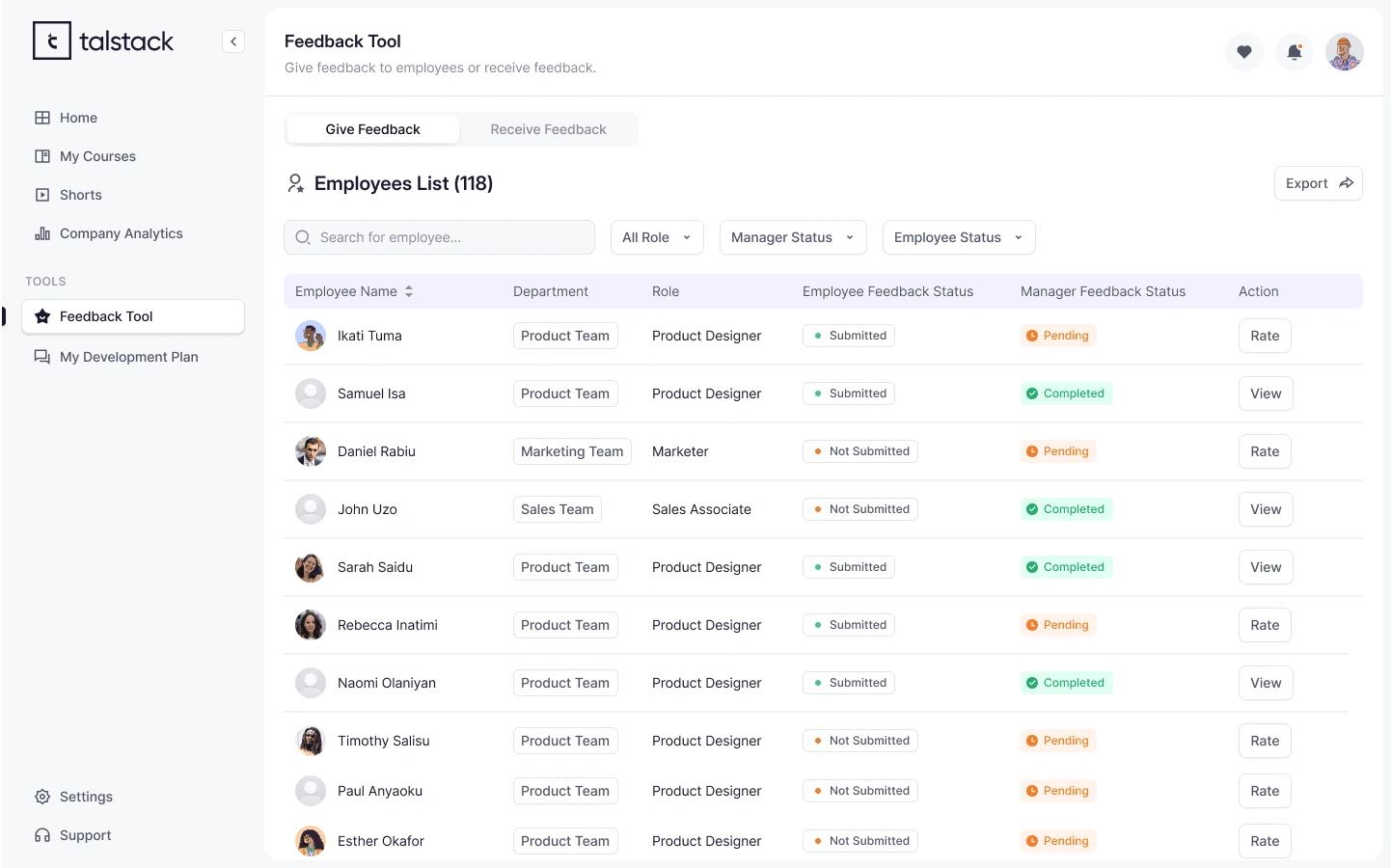 Page displaying employees in the organization for manager to select from, the manager can either rate an employee or view the feedback summary. Manager can also choose to export the list and can also decide to receive feedback.
