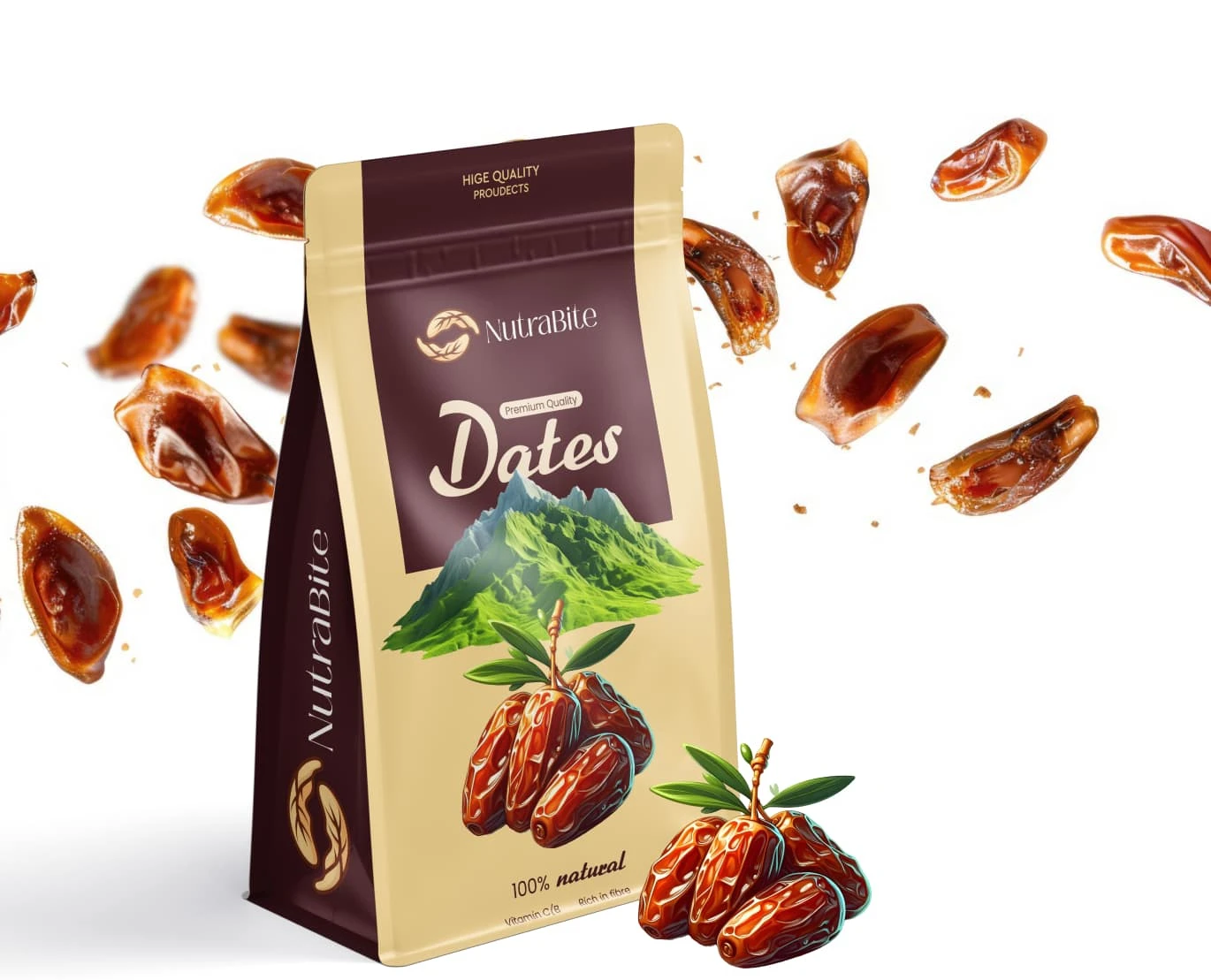 Date Packaging: Vibrant and natural packaging design for nutritious dates.