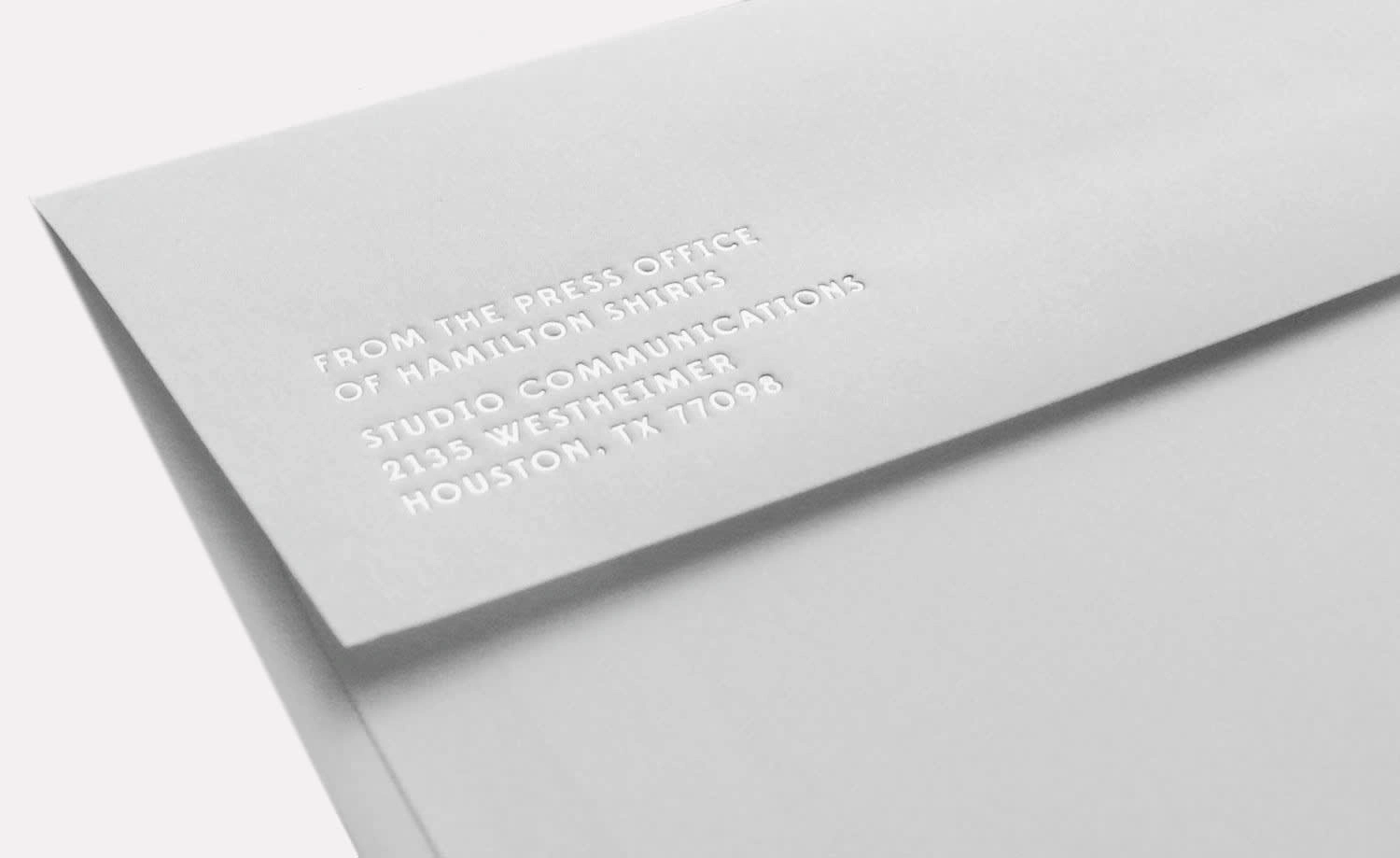 Hamilton Shirts: Spring Summer Press Preview Silver Metallic Foil Stamped Invite Envelope