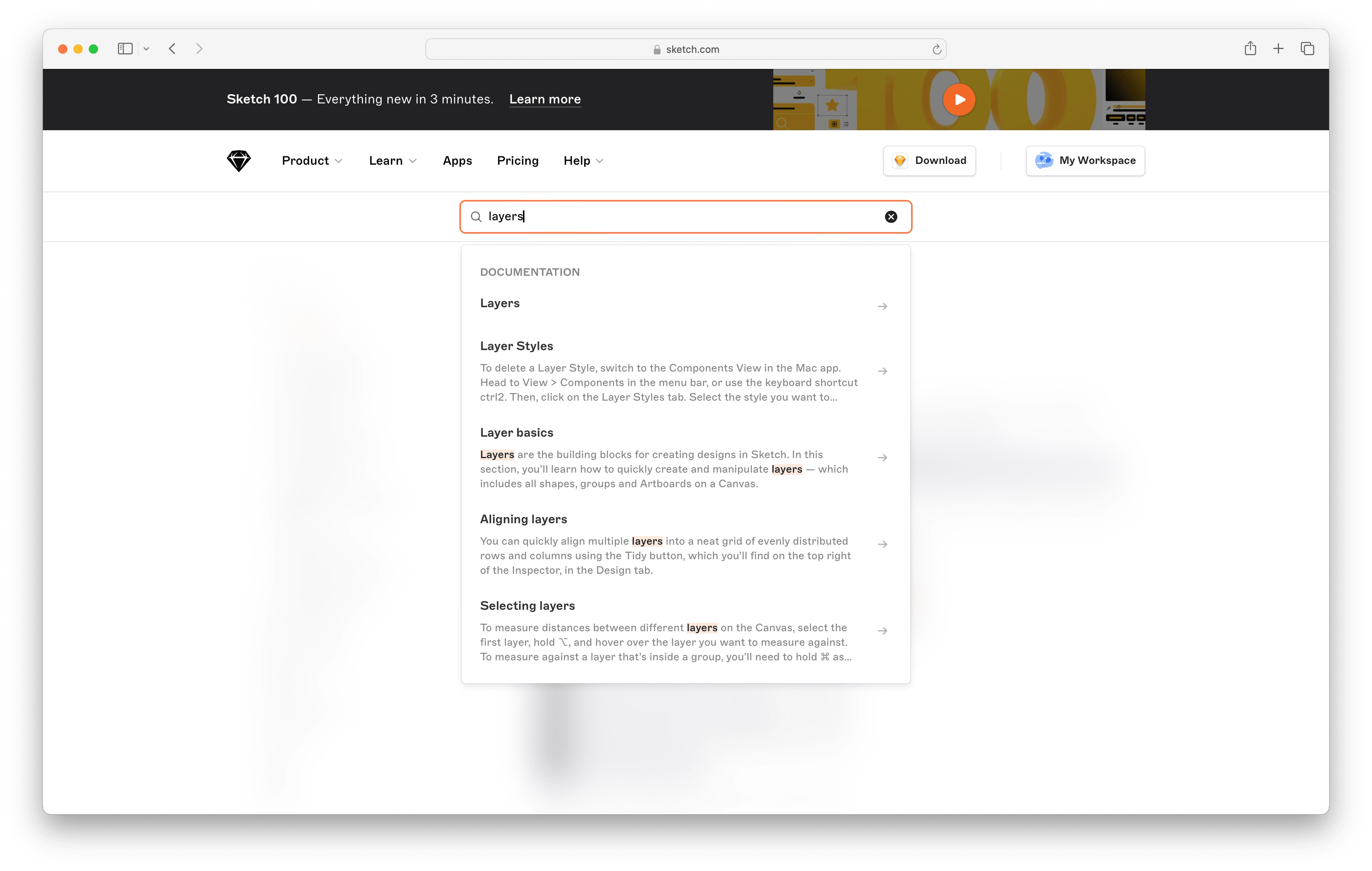 Figure 2.1 Sketch provided relevant documentation search results and supported scanning by highlighting the search keyword throughout the results listing page. However, the search results do not include links to related courses. 