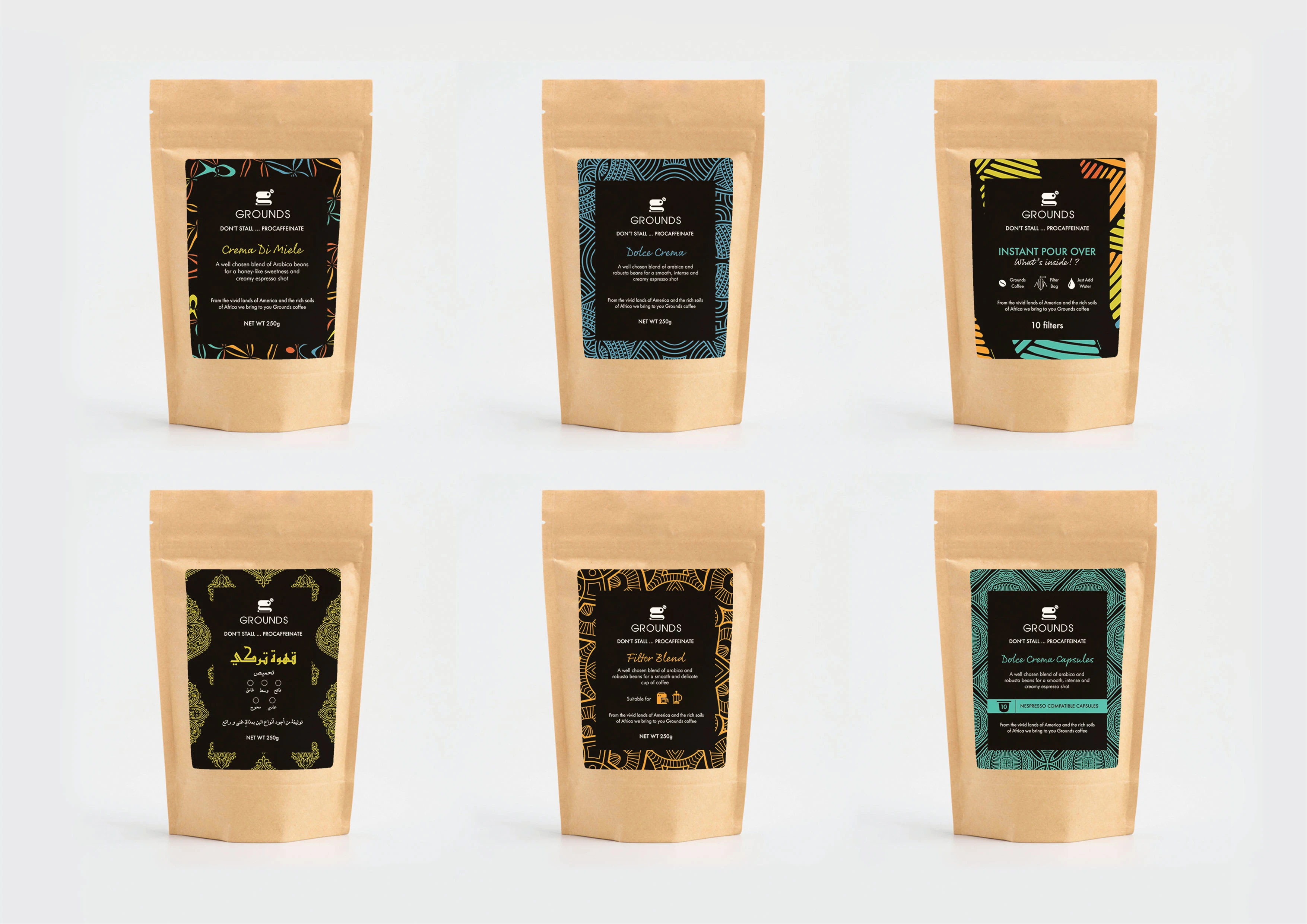 Grounds Packaging transports you to a world of flavors, traditions, and the warm embrace of the community by showing how each design element reflects the rich cultural heritage of the coffee's origin. The aim is to create a compelling narrative that captures the brand's essence and entices customers to experience the coffee's unique flavors and cultural significance.