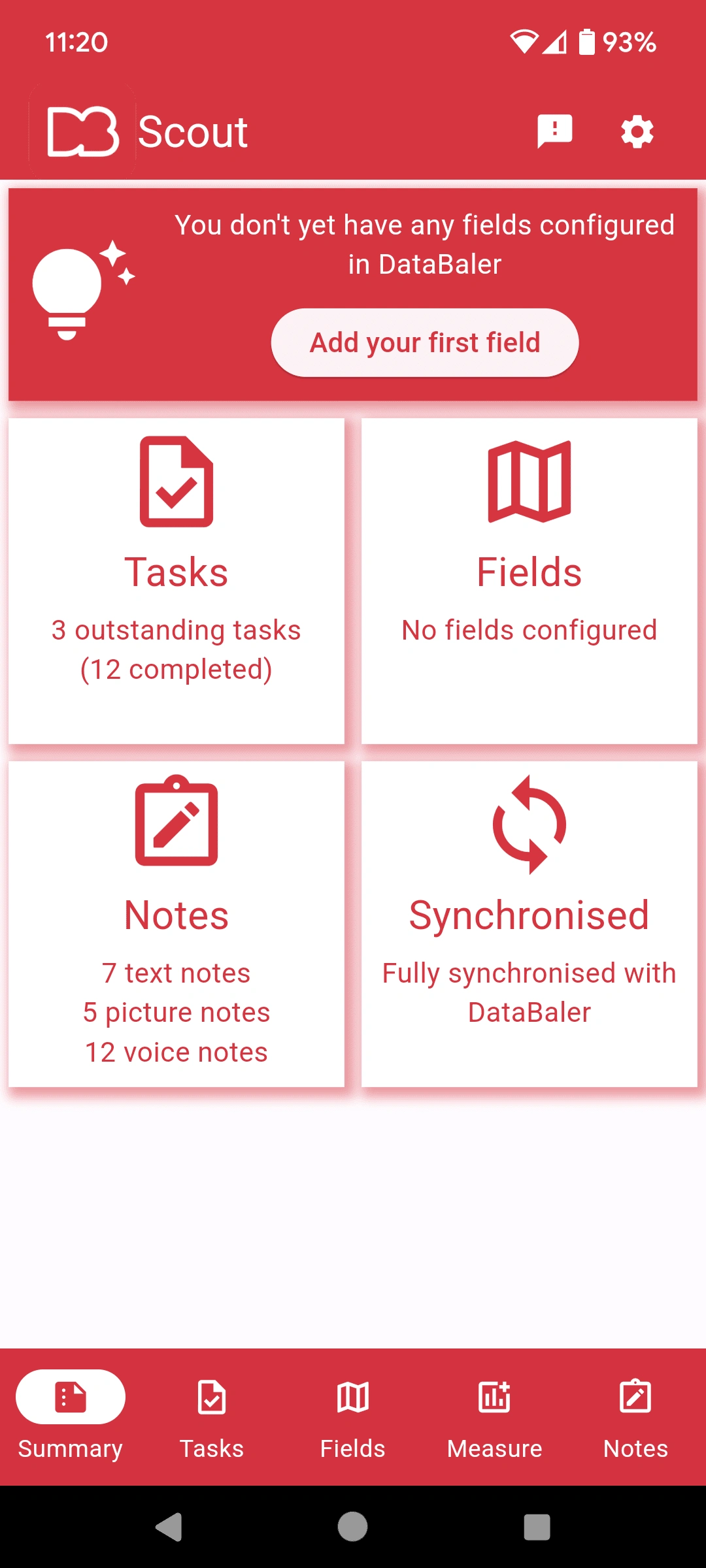 The Scout summary page, showing outstanding tasks, notes and synchronisation status