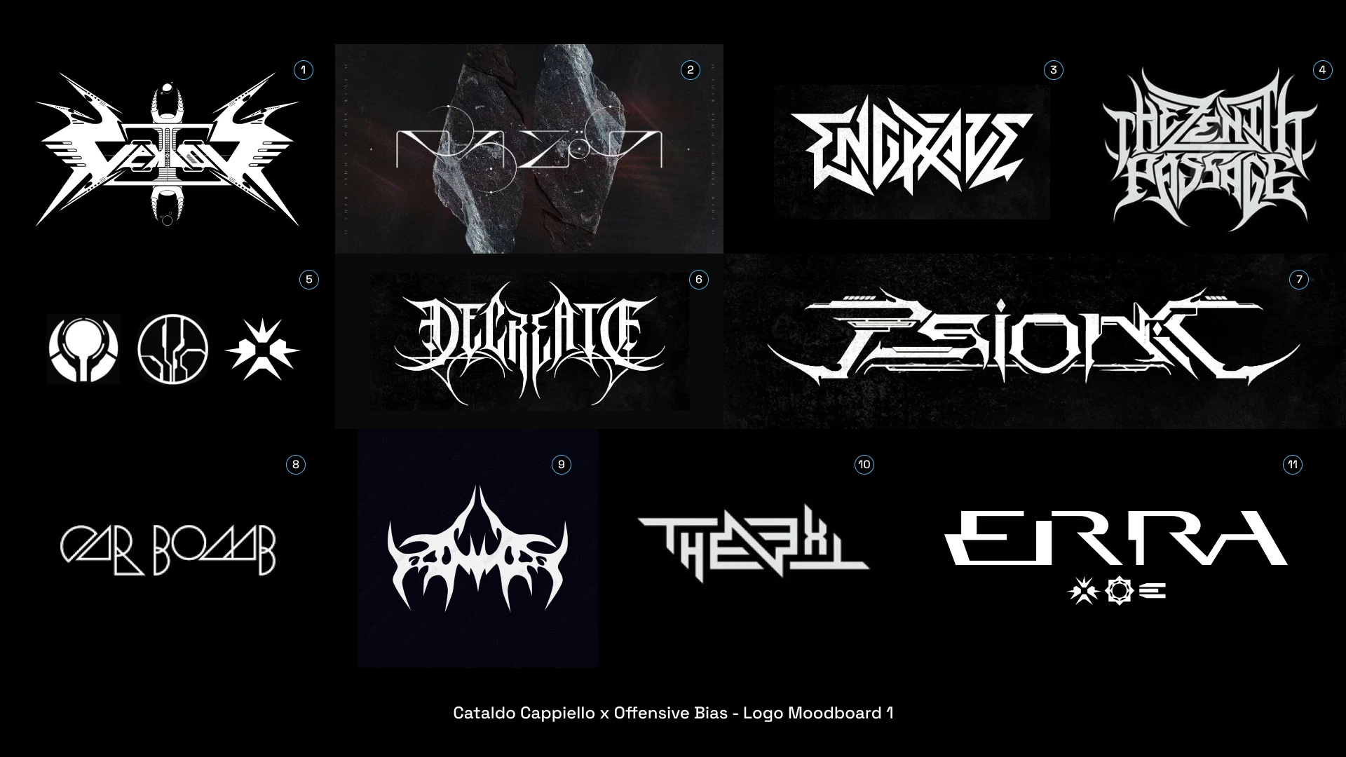Offensive Bias is a progressive metal / electronic / math project, taking inspiration from many eclectic artists in the contemporary music scene.

I was briefed to design a logomark for the project. So, as I often do, I started by laying down a moodboard. The client also provided some elements for this first moodboard, which helped me to better understand their idea.