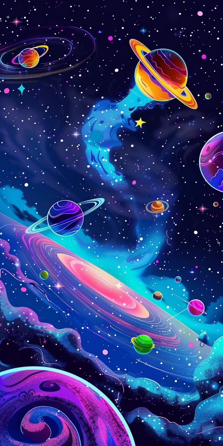 Flat illustration of star sky , space, scenery, planet, galaxy, reflection, vibrant color.