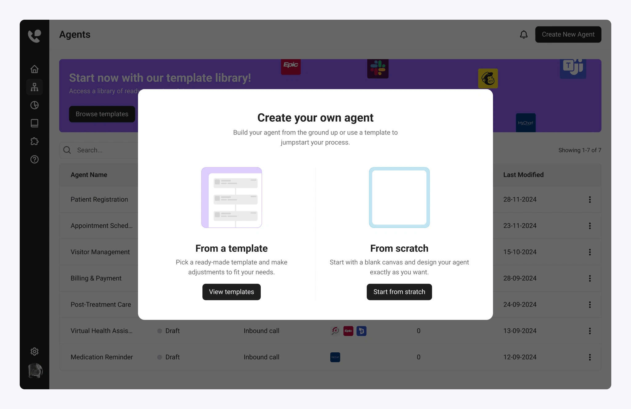 Users can start with a template for a quick setup or build an agent from scratch for full customization.