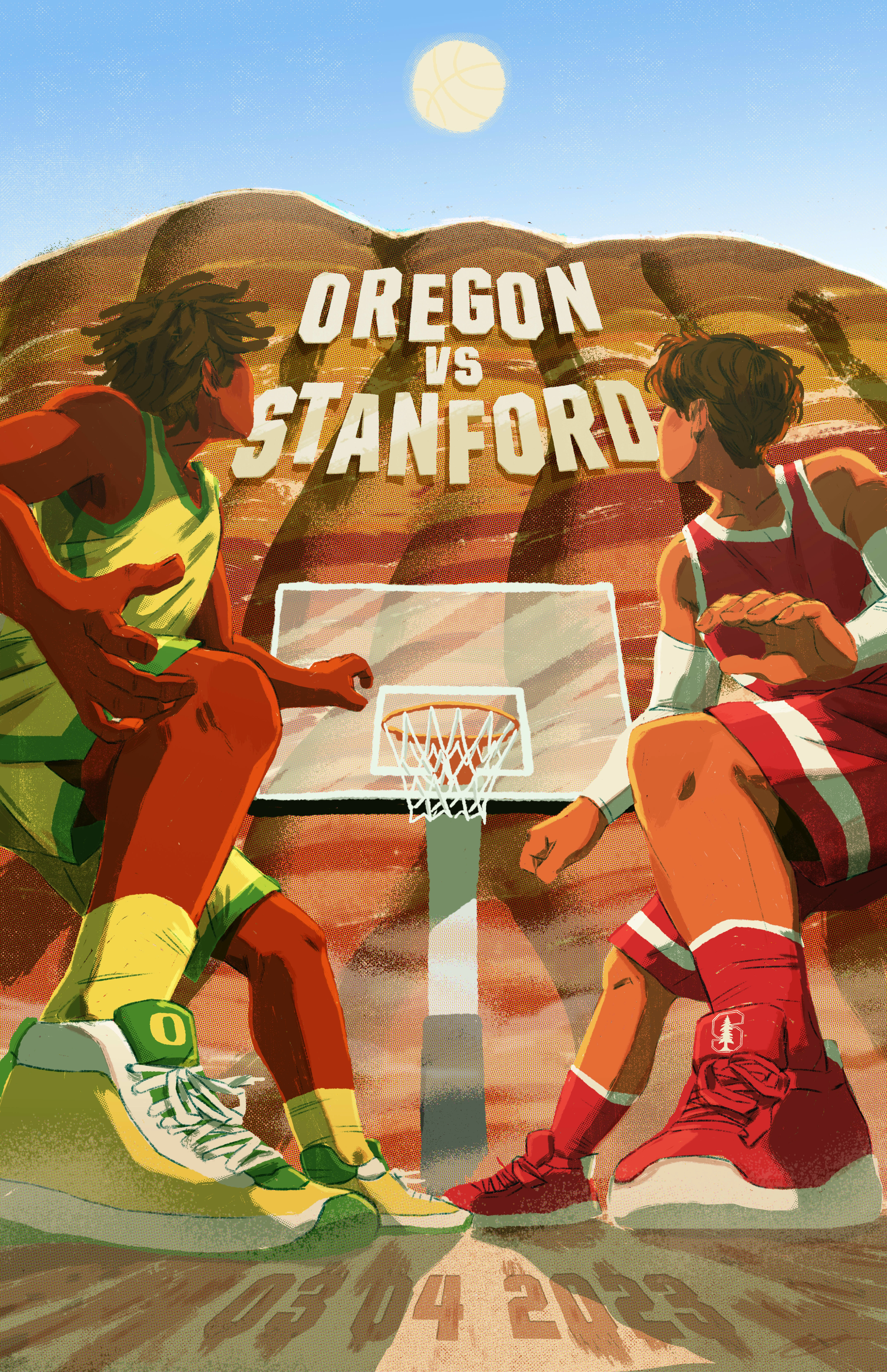 Illustration for University of Oregon v. Stanford featuring the painted hills of East Oregon