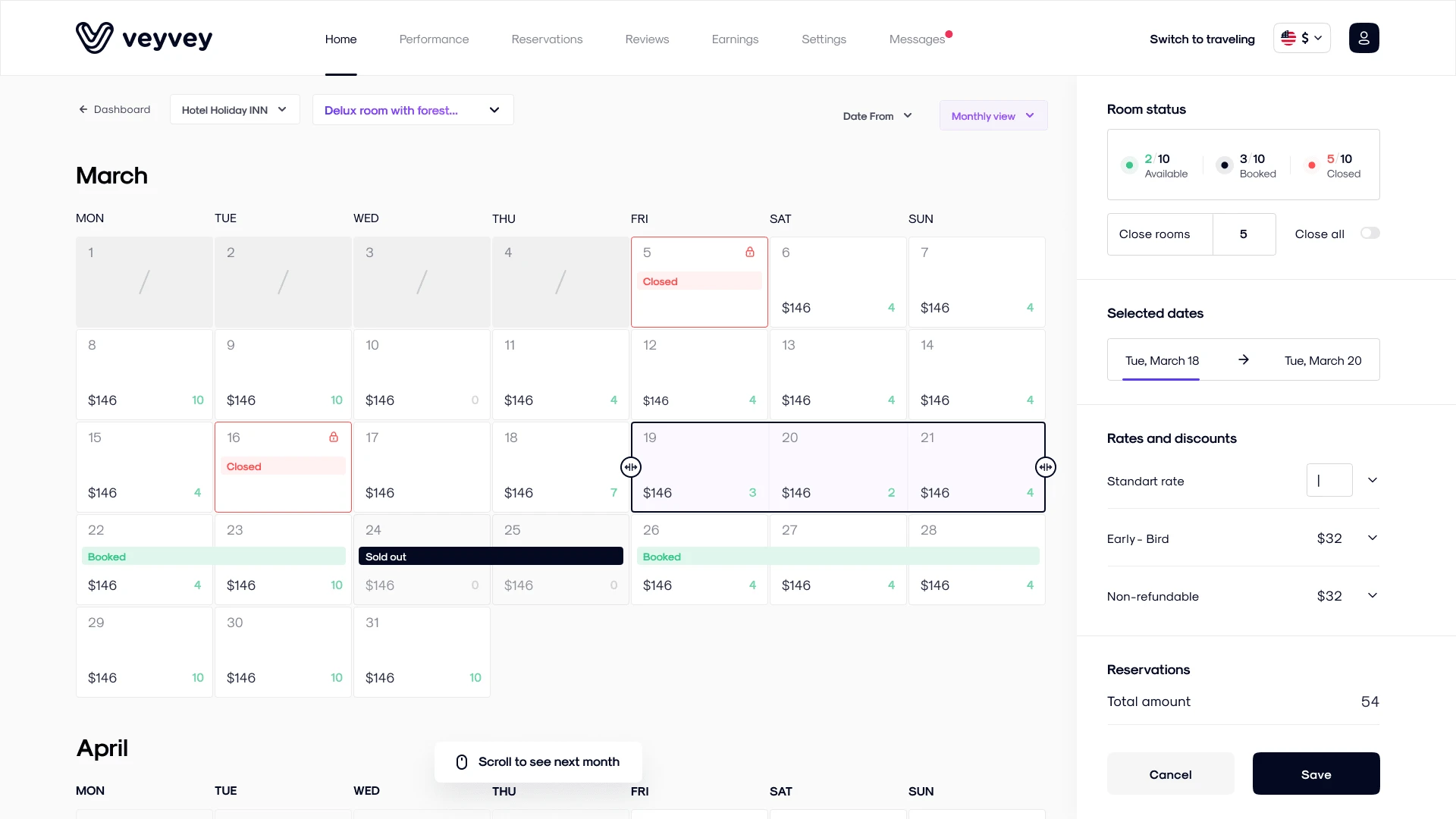 veyvey dashboard calendar view