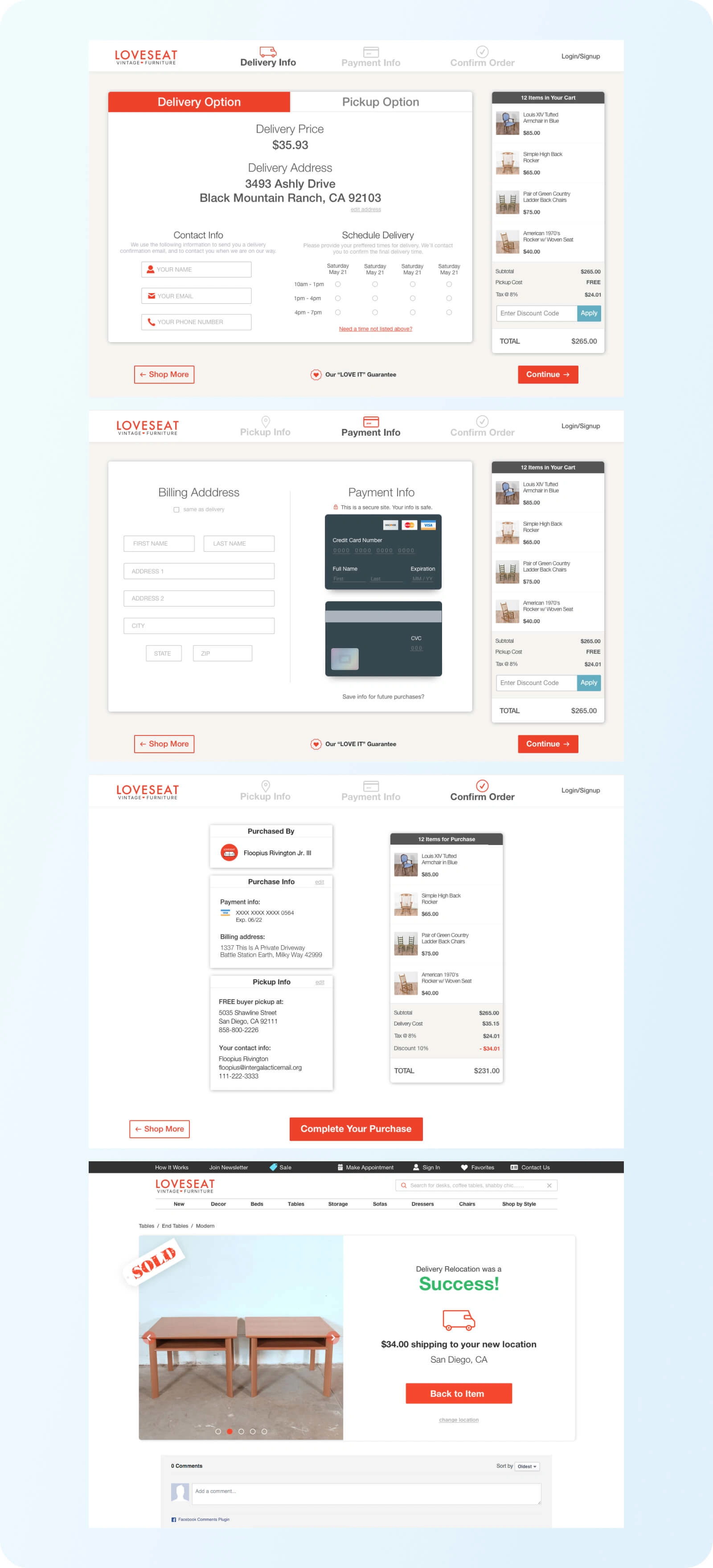 Final designs of the Checkout flow on the new Loveseat E-commerce site