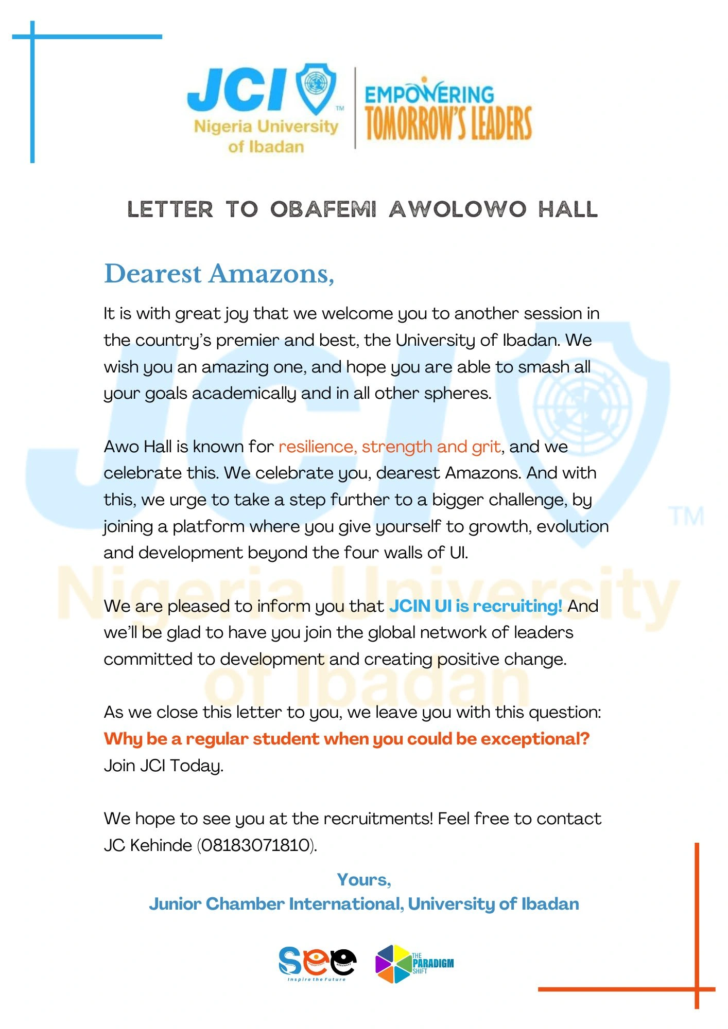 Letter to a Female Hall of Residence