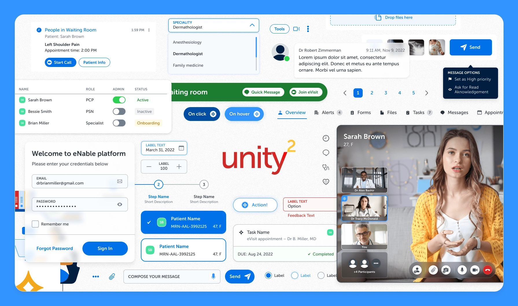 Some examples of the components created for Unity 2, a design system for health-tech