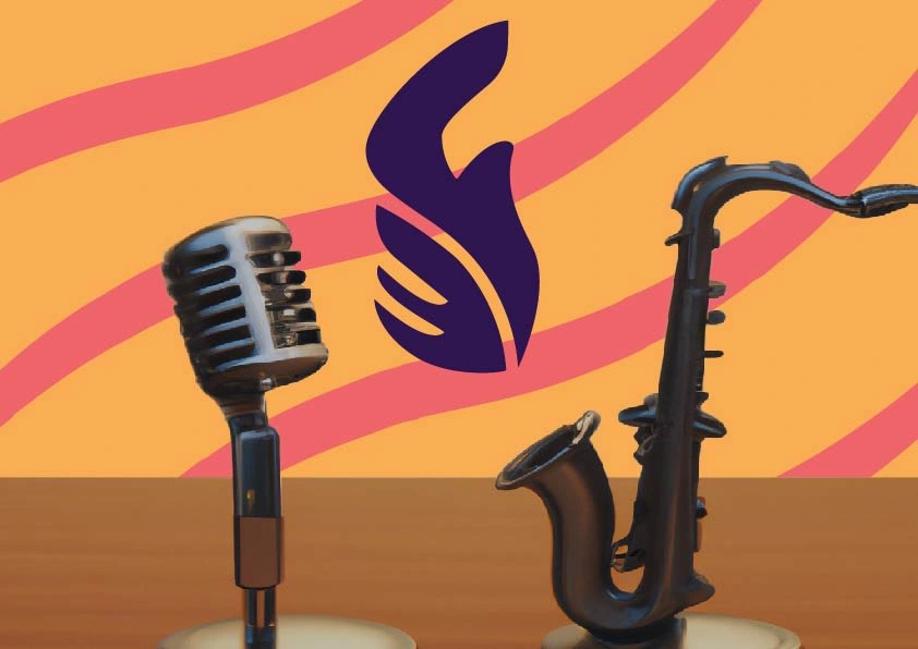 The three main elements in the logo | a sax, microphone and the twisting pattern