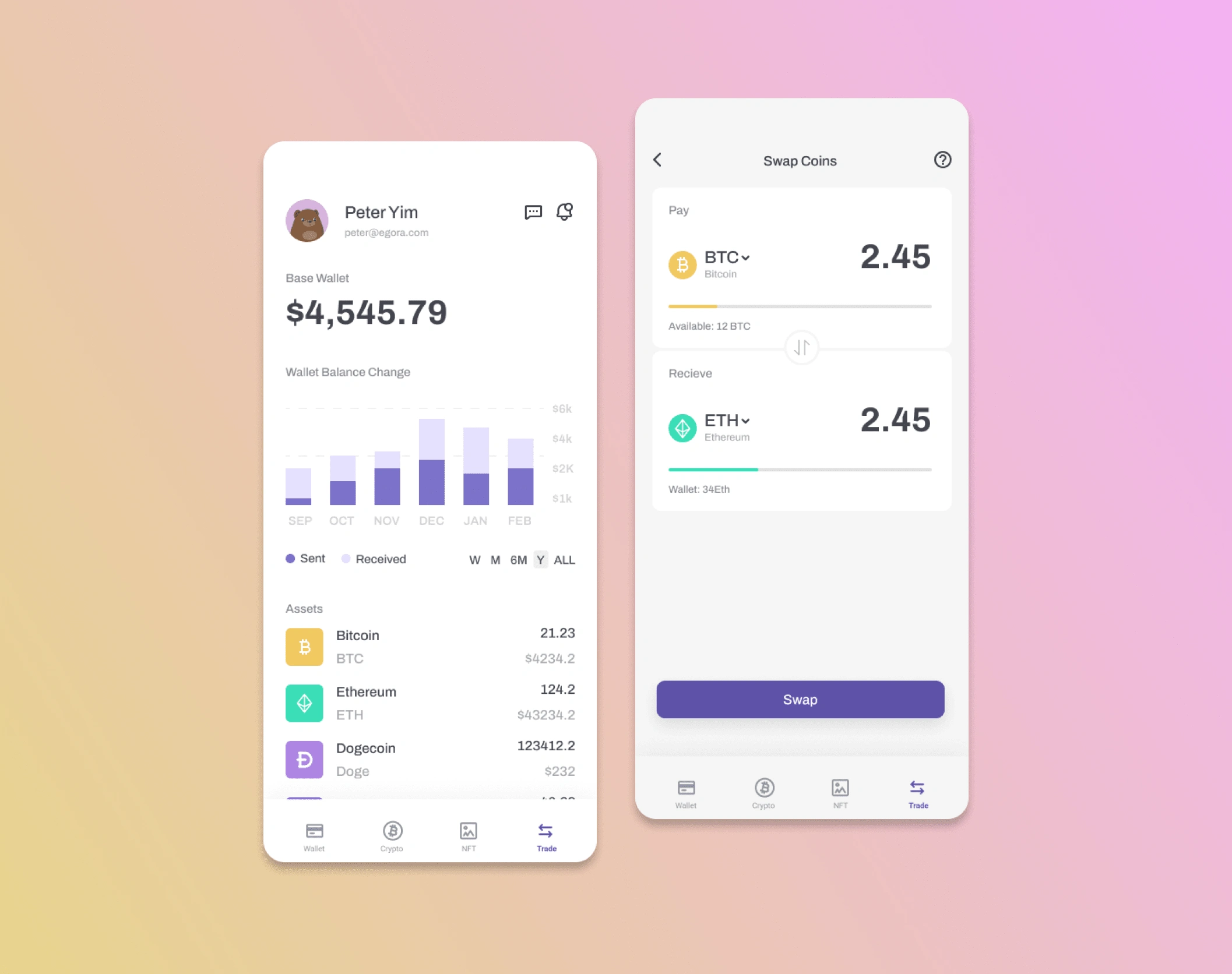 NFT Wallet and Exchange Screens