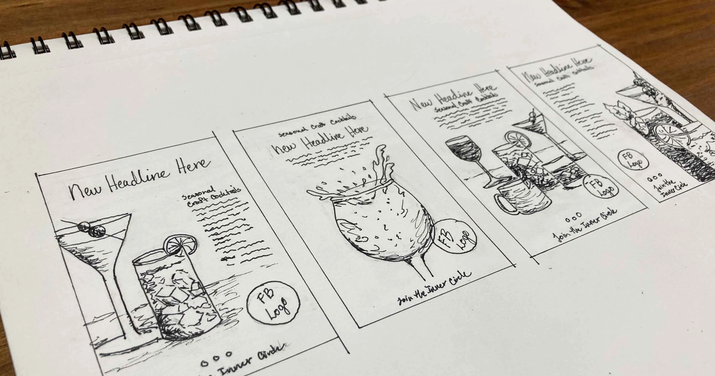 My sketches exploring ideas for printed drink menu cards.