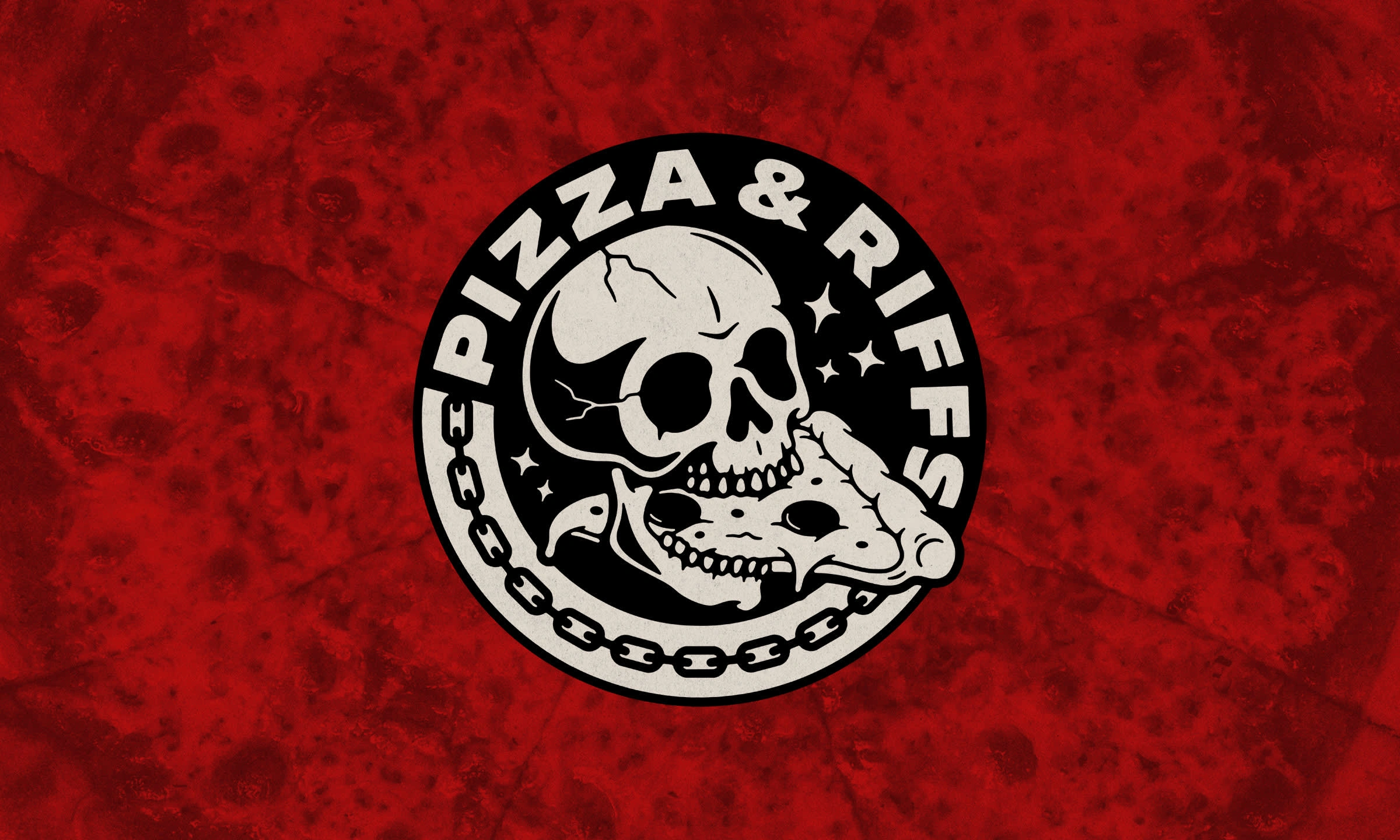 A bold skull-and-pizza logo encased in a chain circle, encapsulating the edgy essence of Pizza & Riffs.