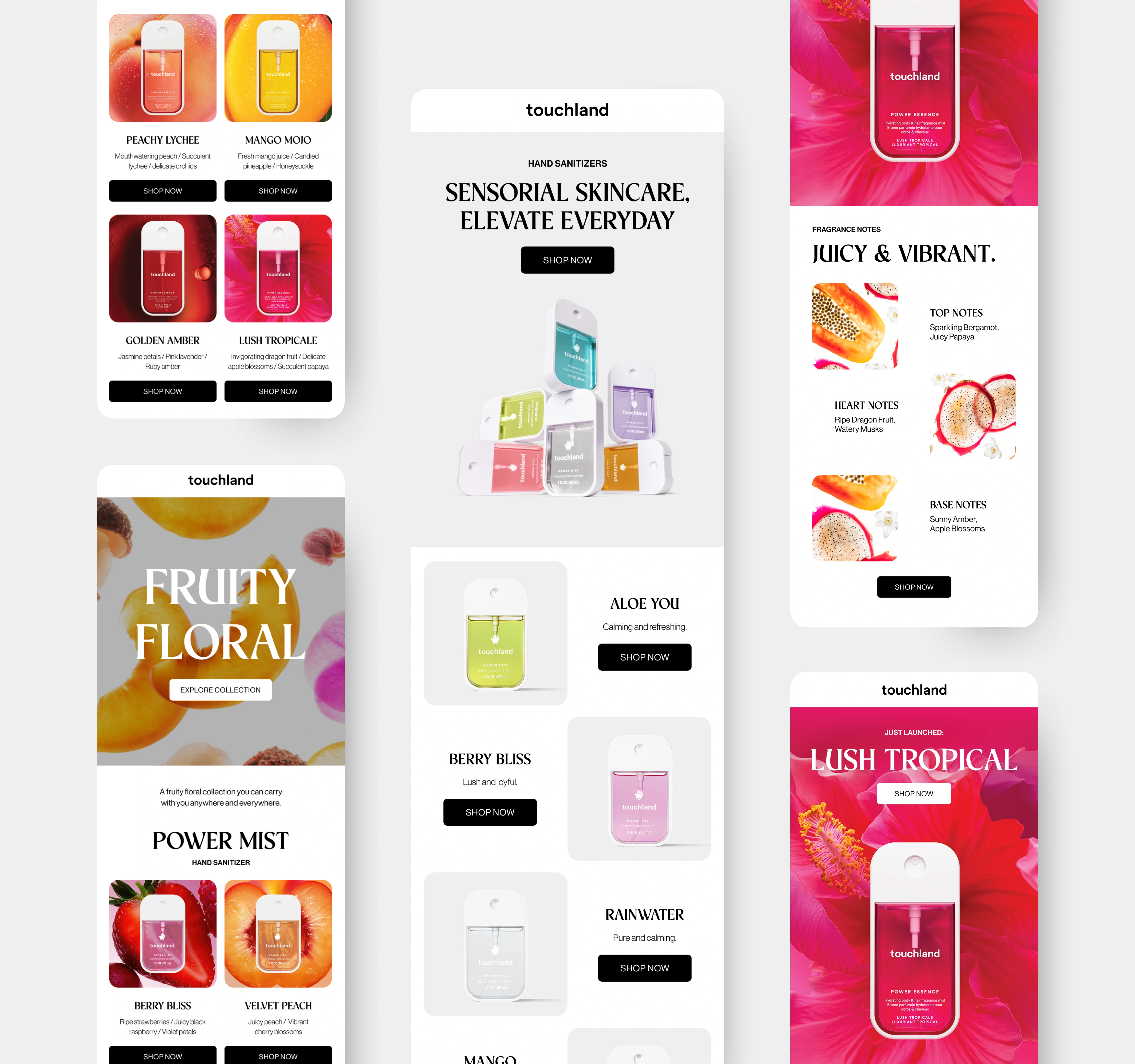 Email Designs for Touchland, a sensorial skincare brand.