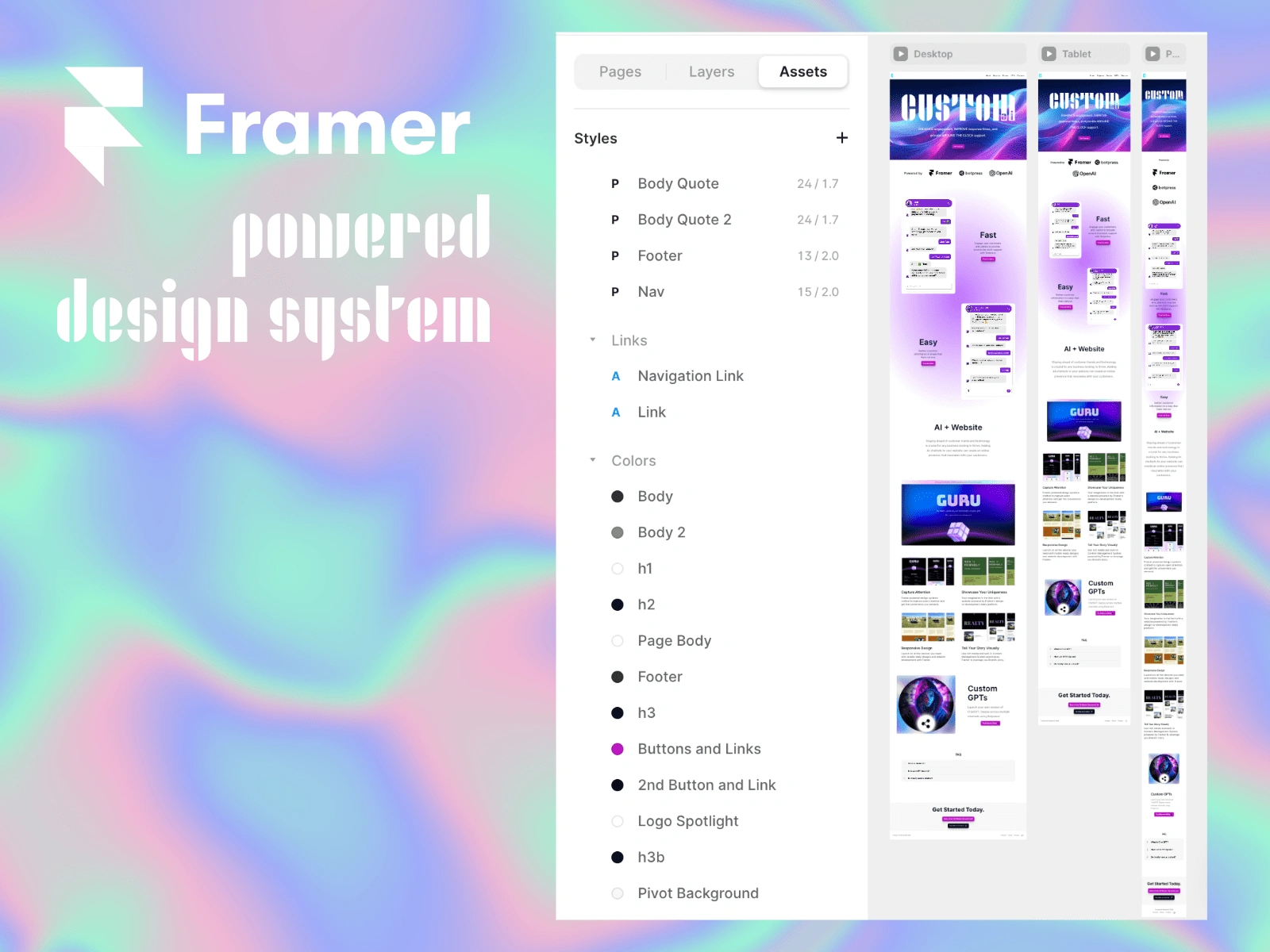 Inside the Framer visual designer workspace showing the colors and text style asset panel.