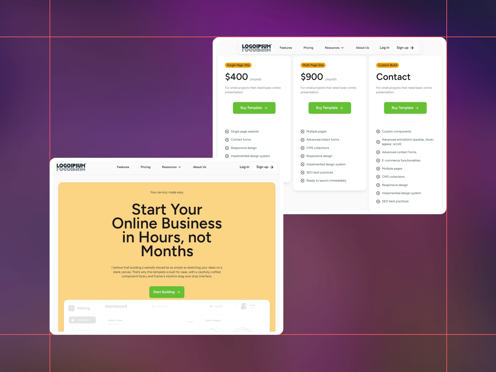 Features page and Pricing page