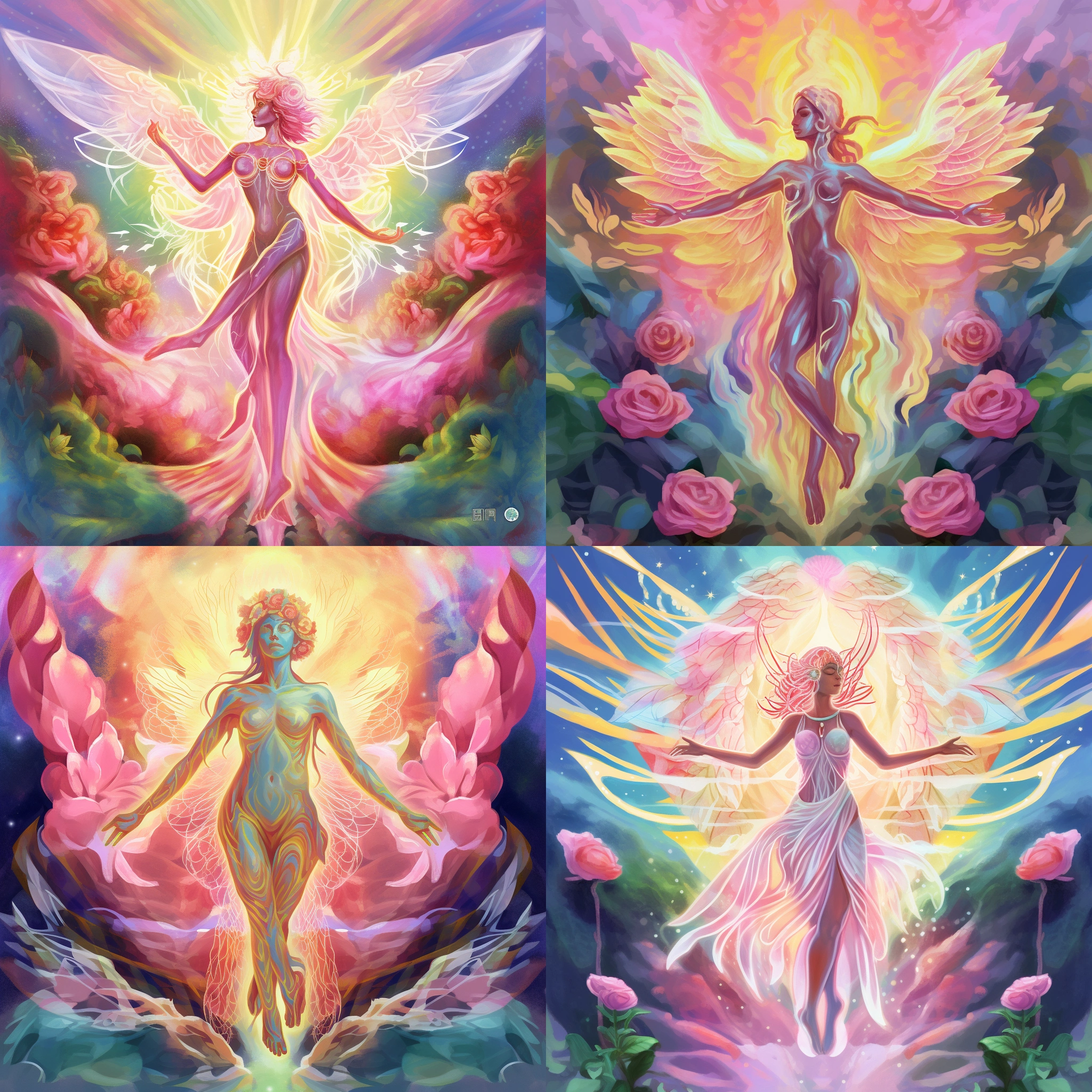 Prompt: a painting of an angel dancing in rose garden