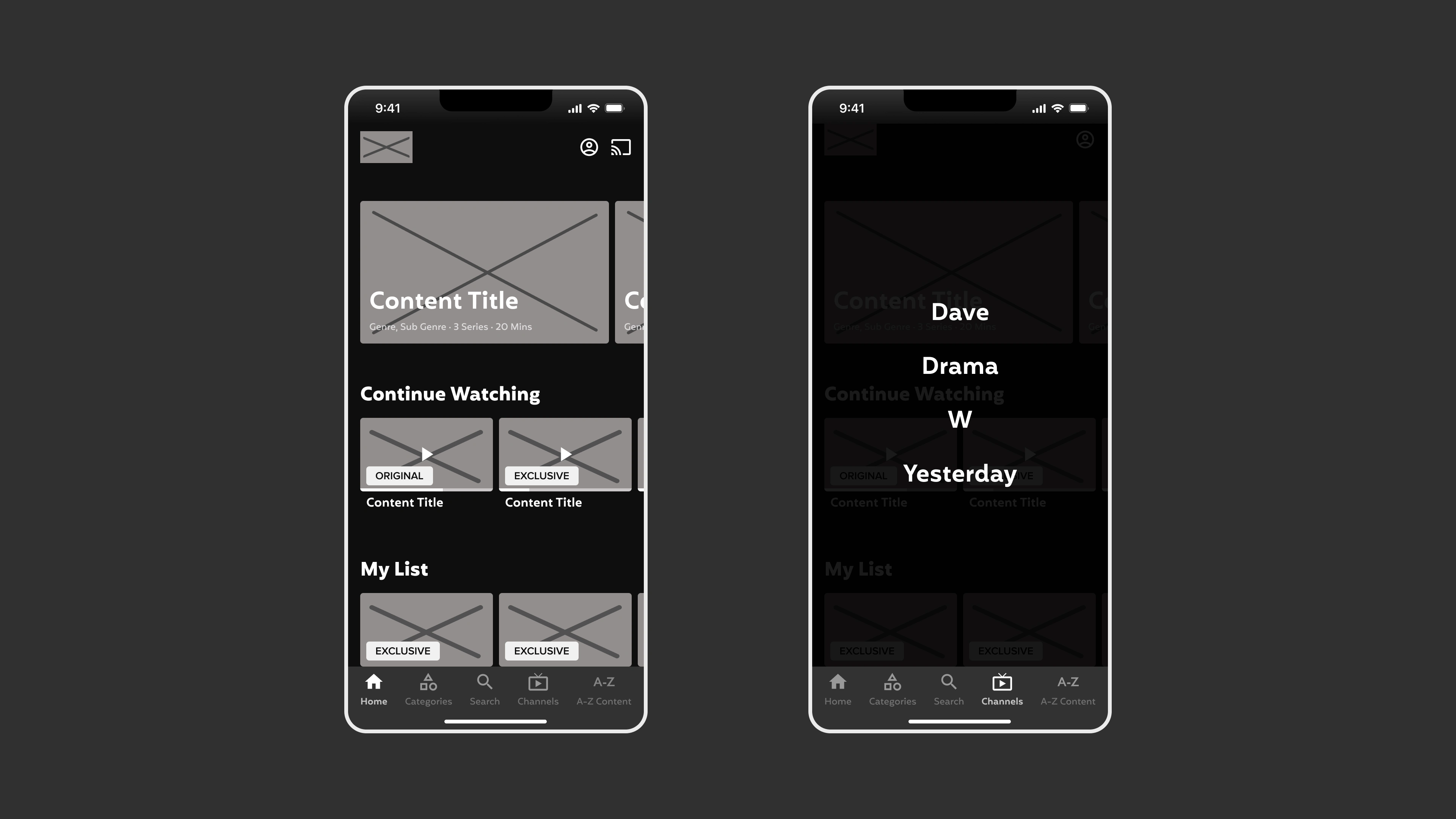 Mobile App Home & Channels Page Wireframes