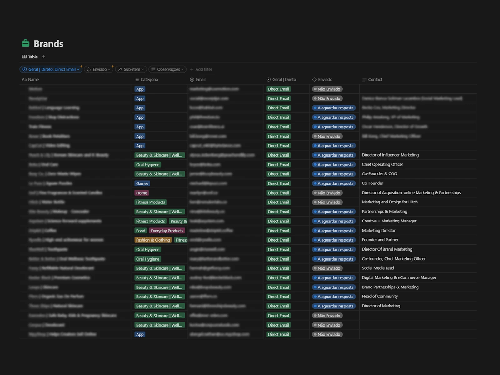 List of 100+ potential brands with direct contact emails. Details blurred for privacy and confidentiality.