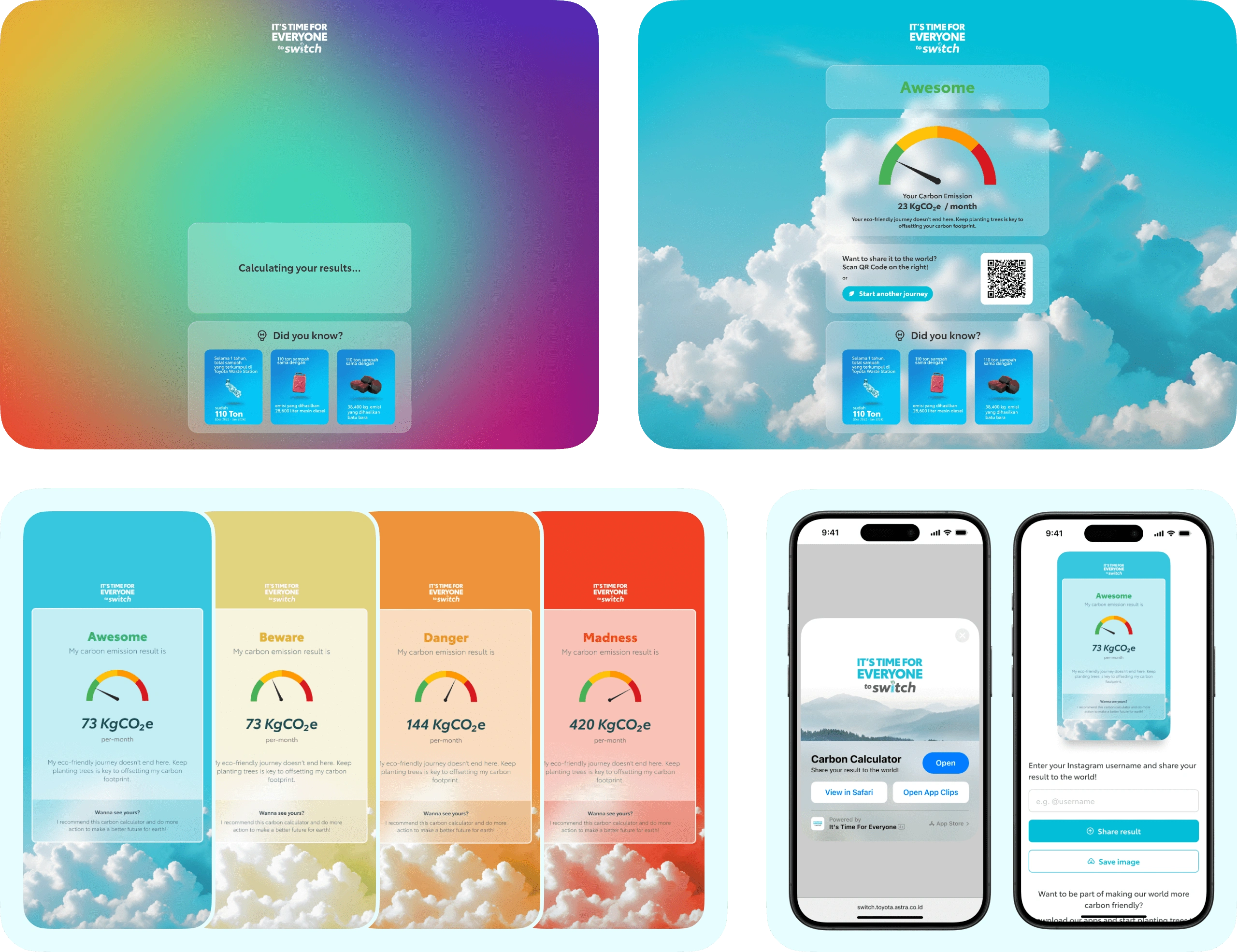 It's Time For Everyone Immersive Calculator Screenshots = Calculating Results (Top Left), Carbon Results (Top Right), Carbon Result Levels (Bottom Left), App Clips Screenshots (Bottom Right)