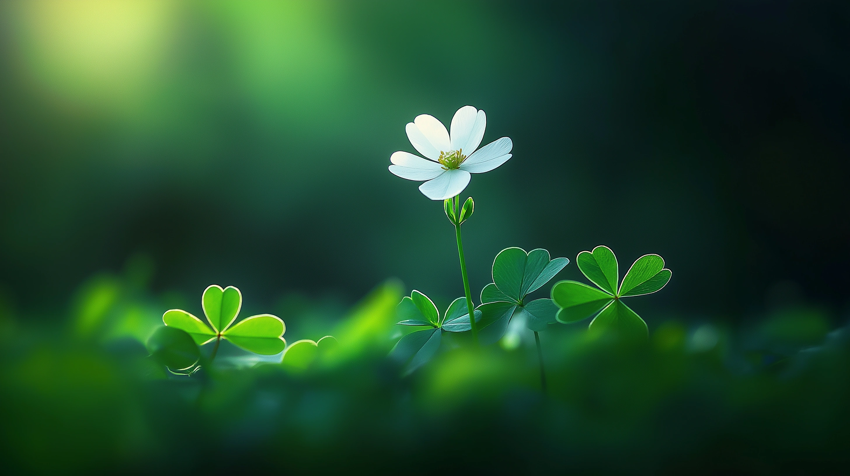 a single white flower blooming above clover leaves