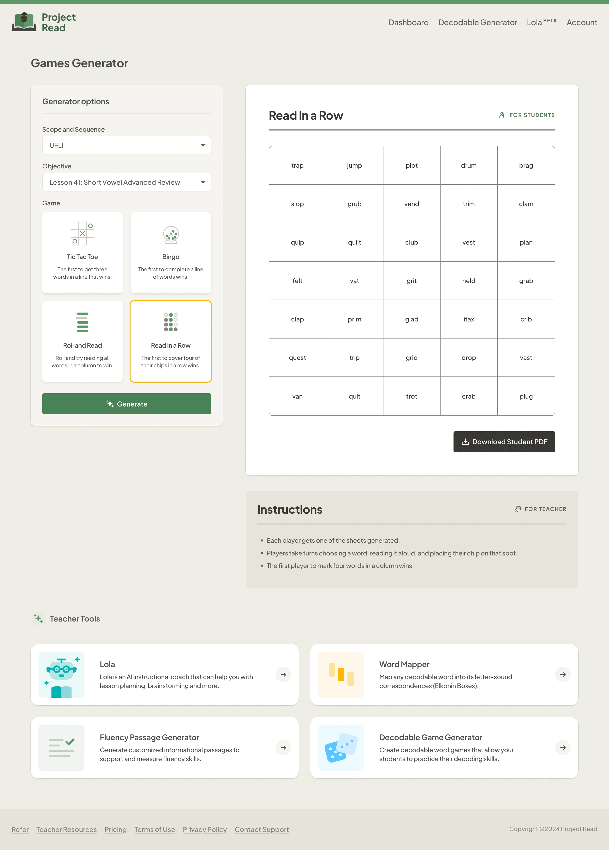 Generated read in a row game using the decodable game generator