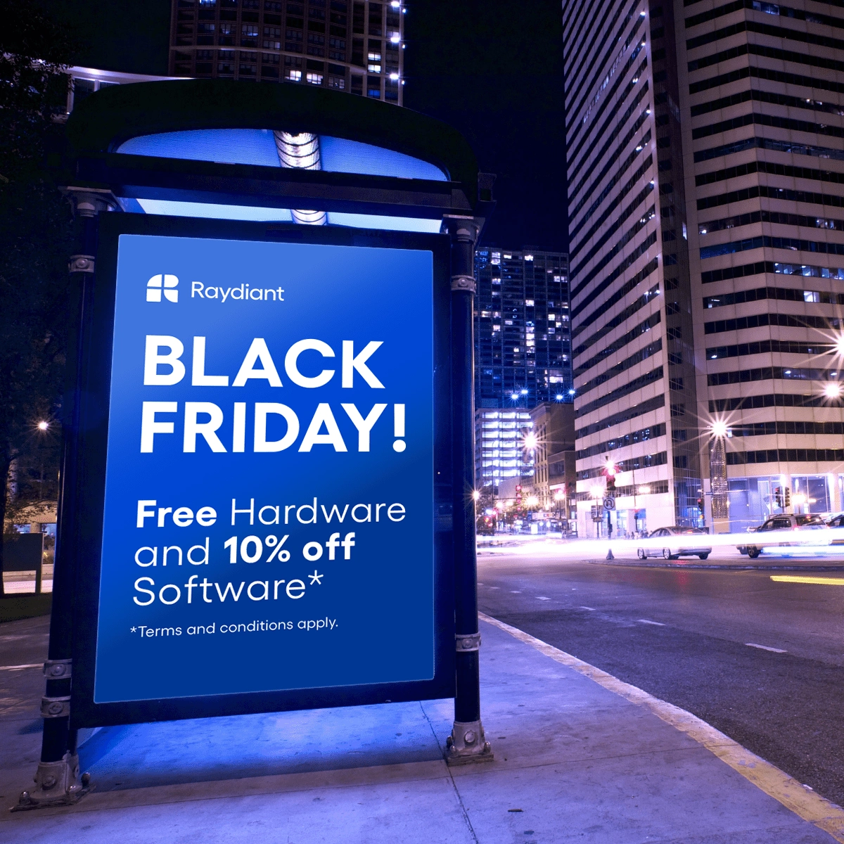 In this Black Friday social media campaign for Raydiant, I designed eye-catching visuals by strategically placing the offer on images of public signage. This creative social media post utilized an unexpected setting to display a bus stop sign, effectively capturing the viewer’s attention.