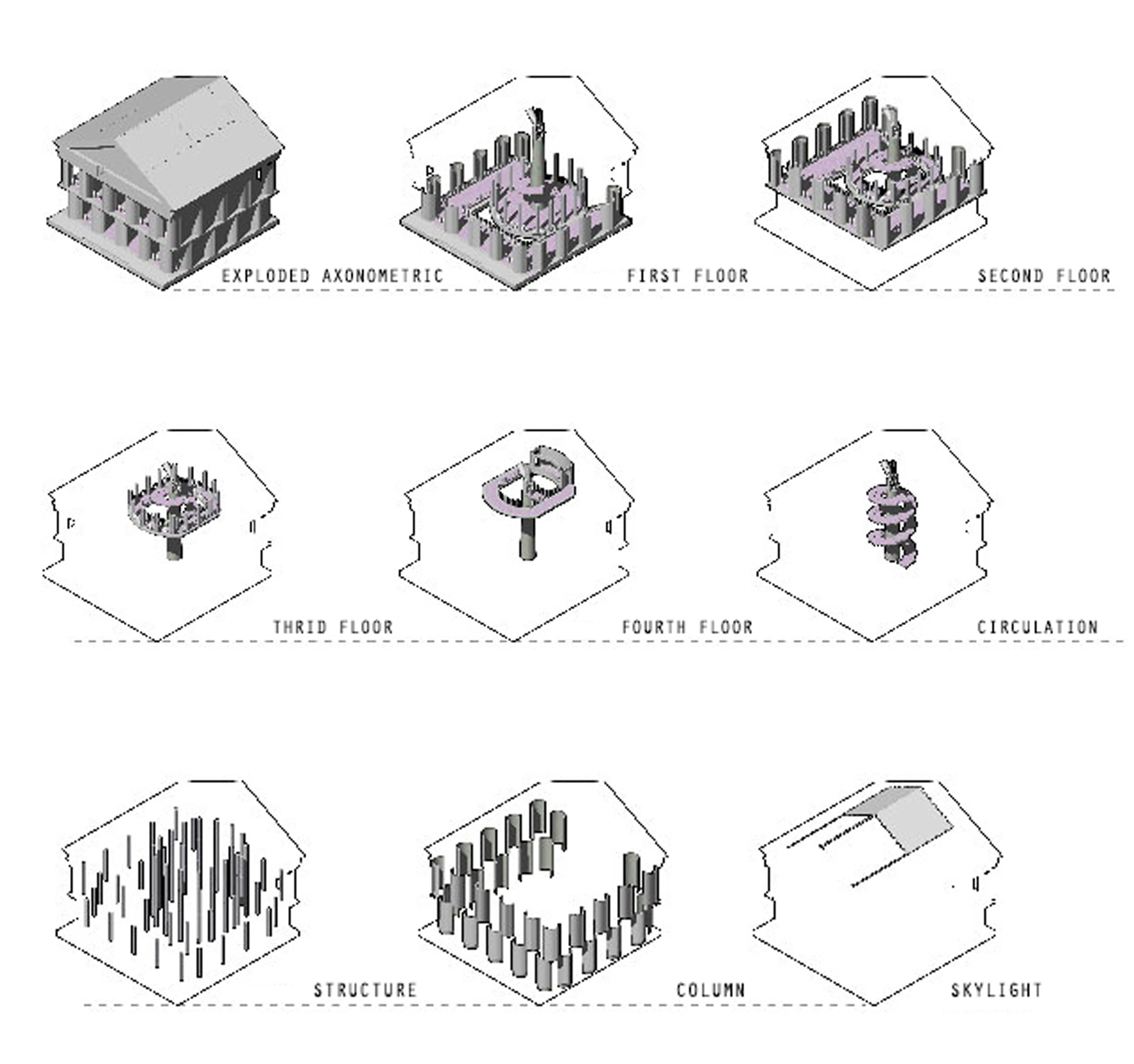 Diagrams of axonometric of the institution