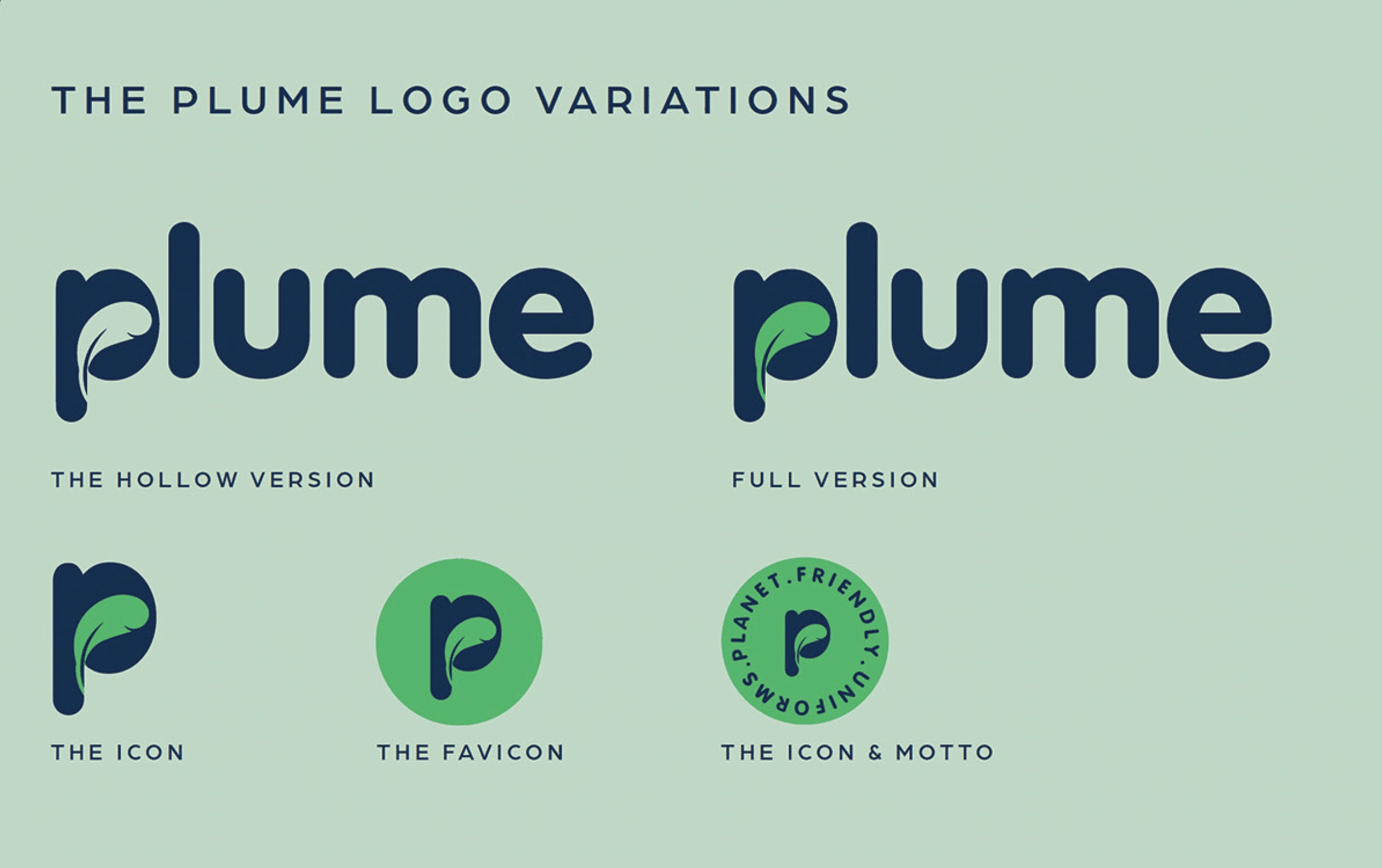 Logo variations for Plume, showing options for all situations (web, app, print).