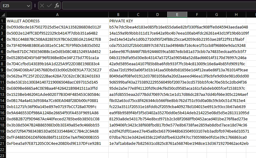 An demonstration of the tool generating 20 new and empty wallets.