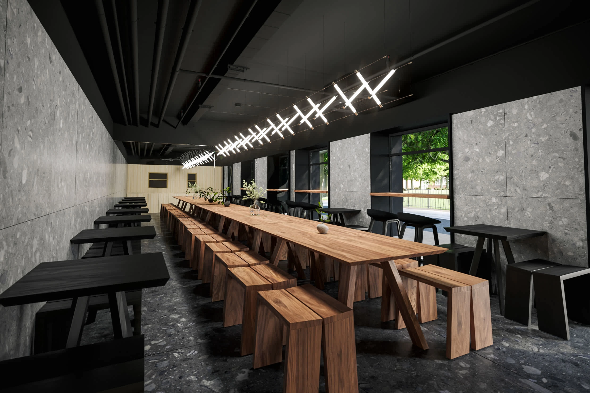 The final reveal: A warm, inviting restaurant that blends modern design with natural touches.