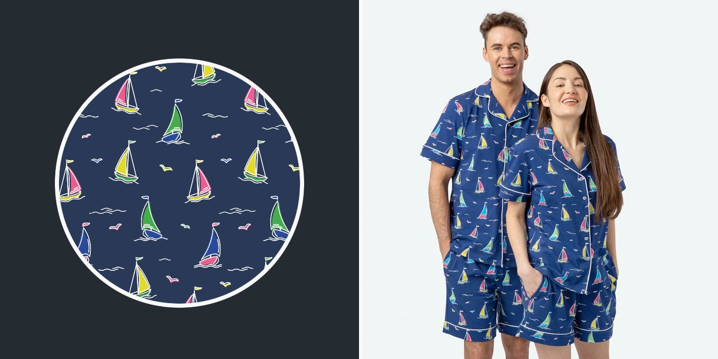 Pattern featuring colorful sailboats at sea.