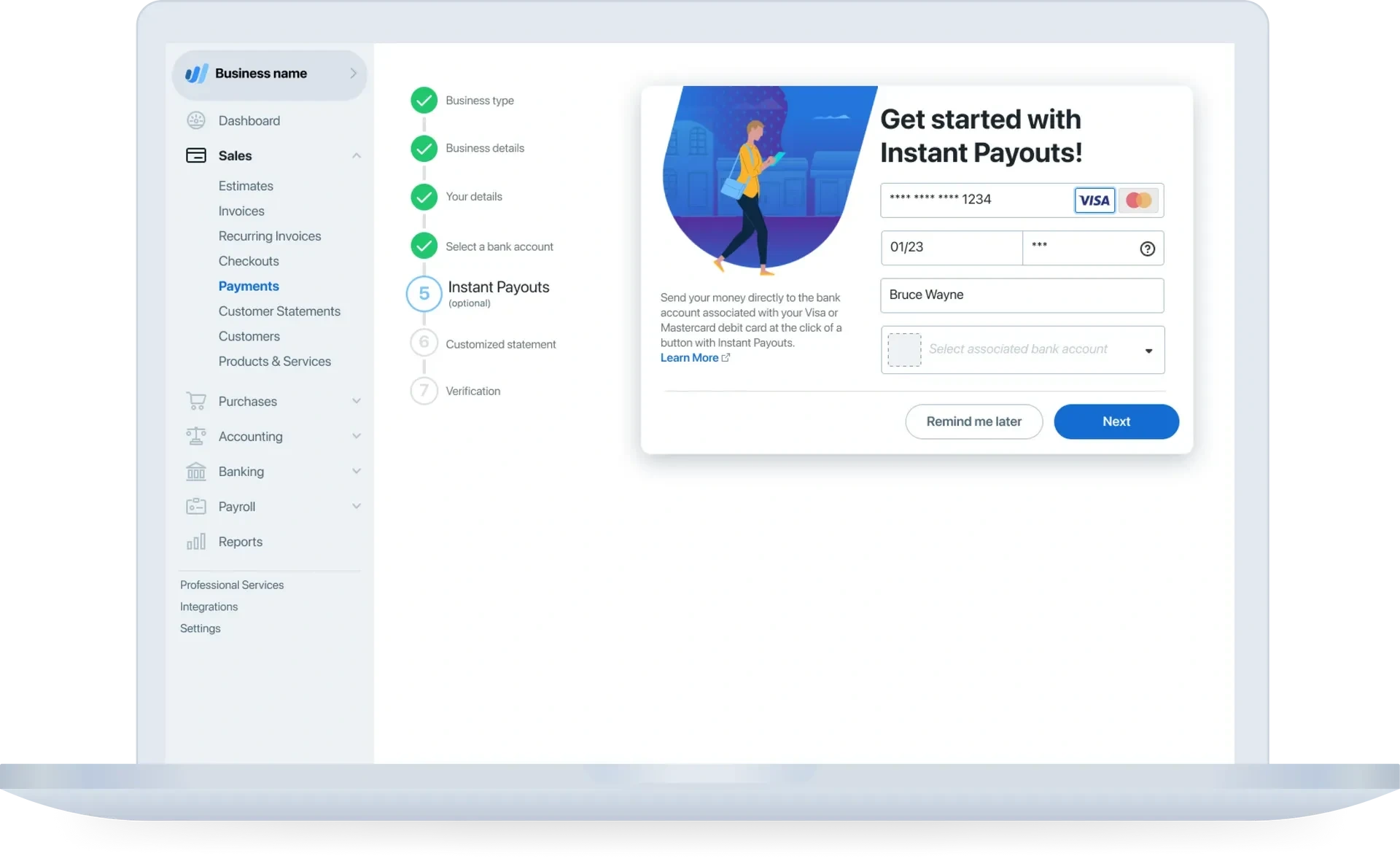 Instant payouts: onboarding screen. We onboard folks to Instant Payouts via a short form that would link the user's Mastercard/Visa debit to Wave for withdrawals.