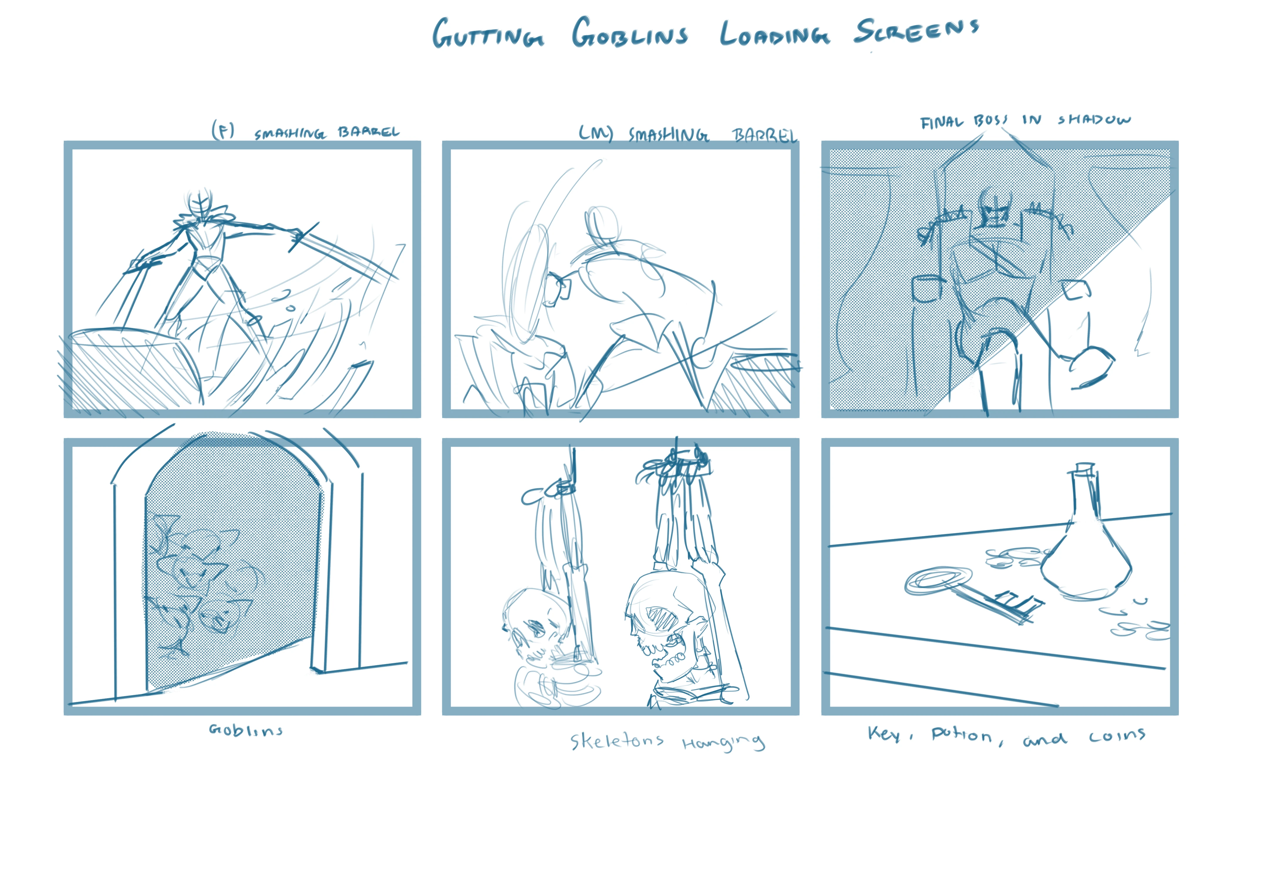 Thumbnails brainstorming concepts for the loading screens