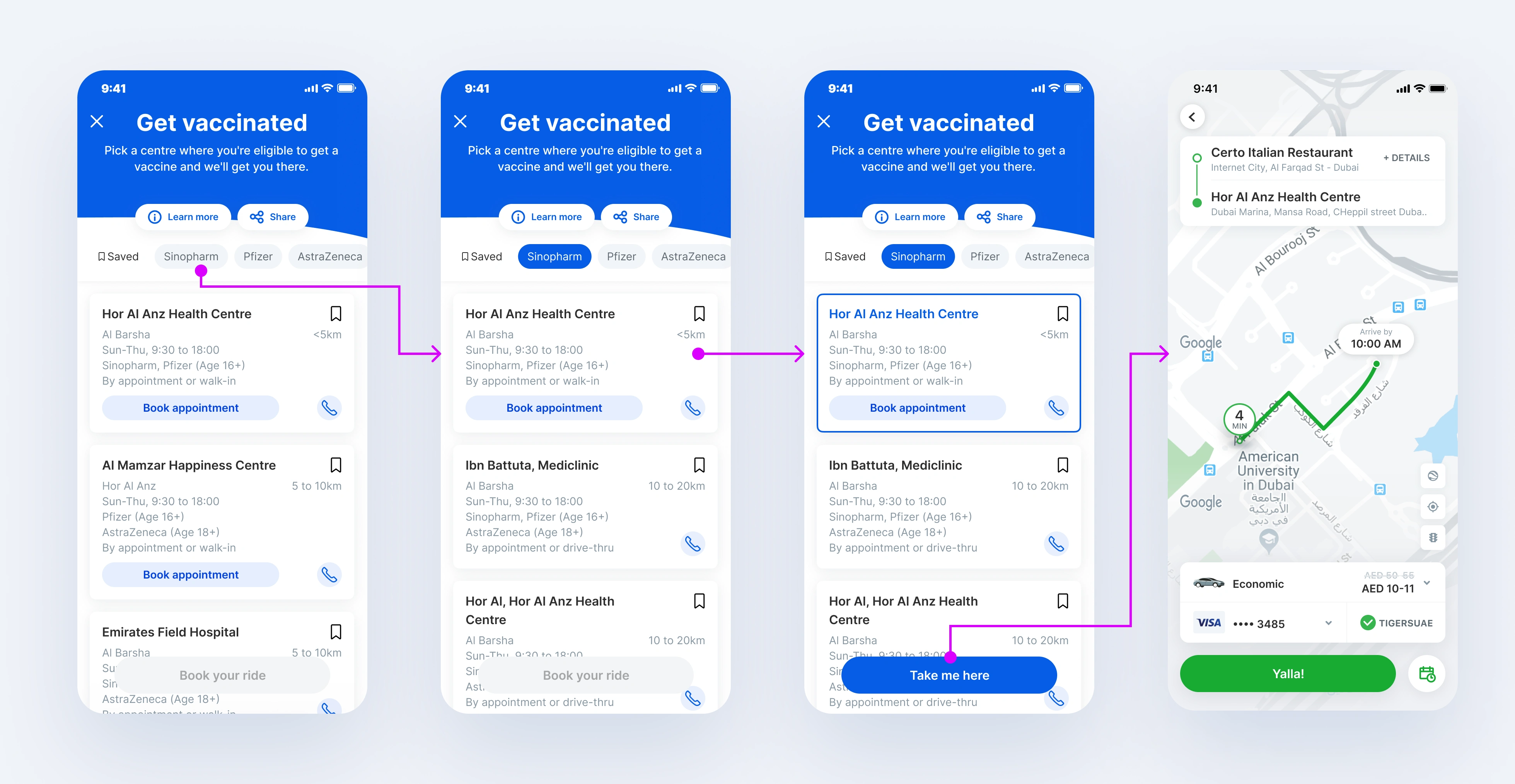 When everything goes according to plan, the user is just 3 clicks away from being on-route to their vaccine. 