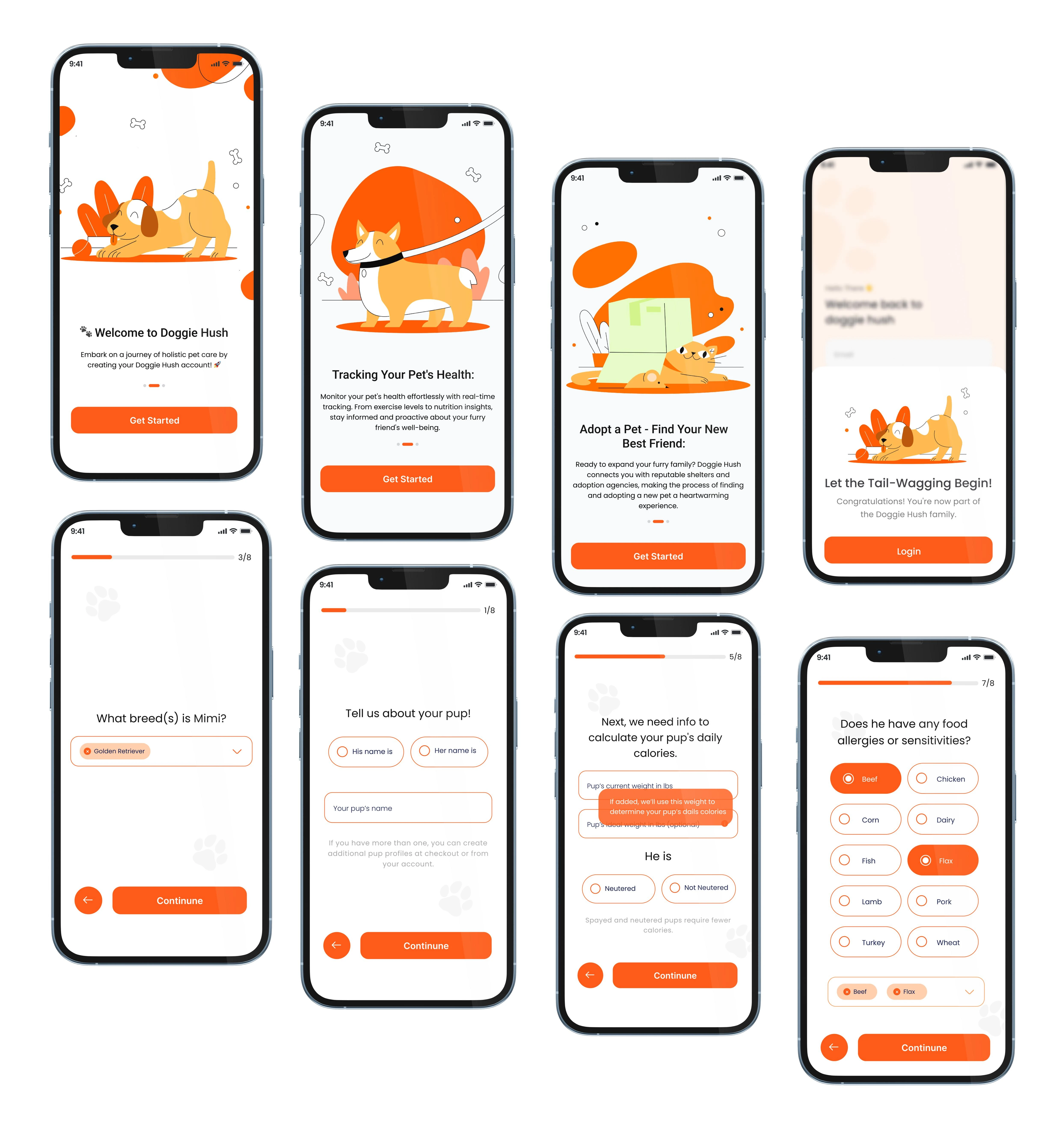 Doggie Hush mobile onboarding and form screens