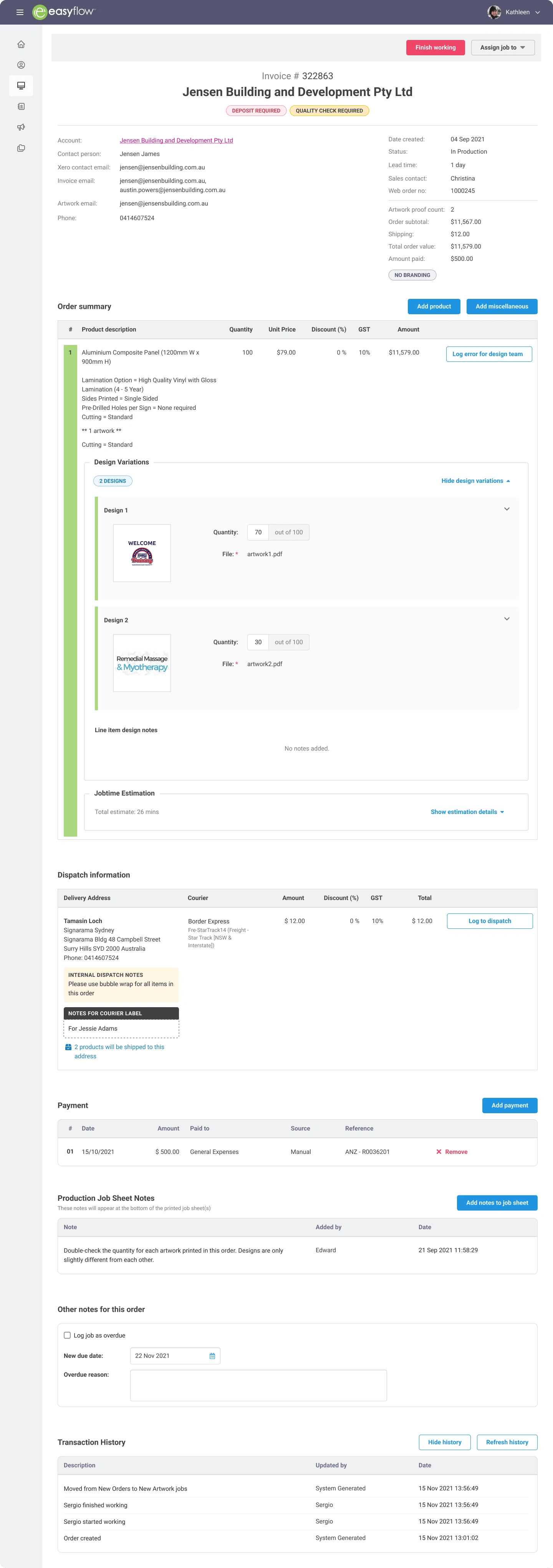 The job order page is where everything is processed. Numerous complex interactions happen here as a lot of staff - from sales to production and dispatch - access and update details of an order.