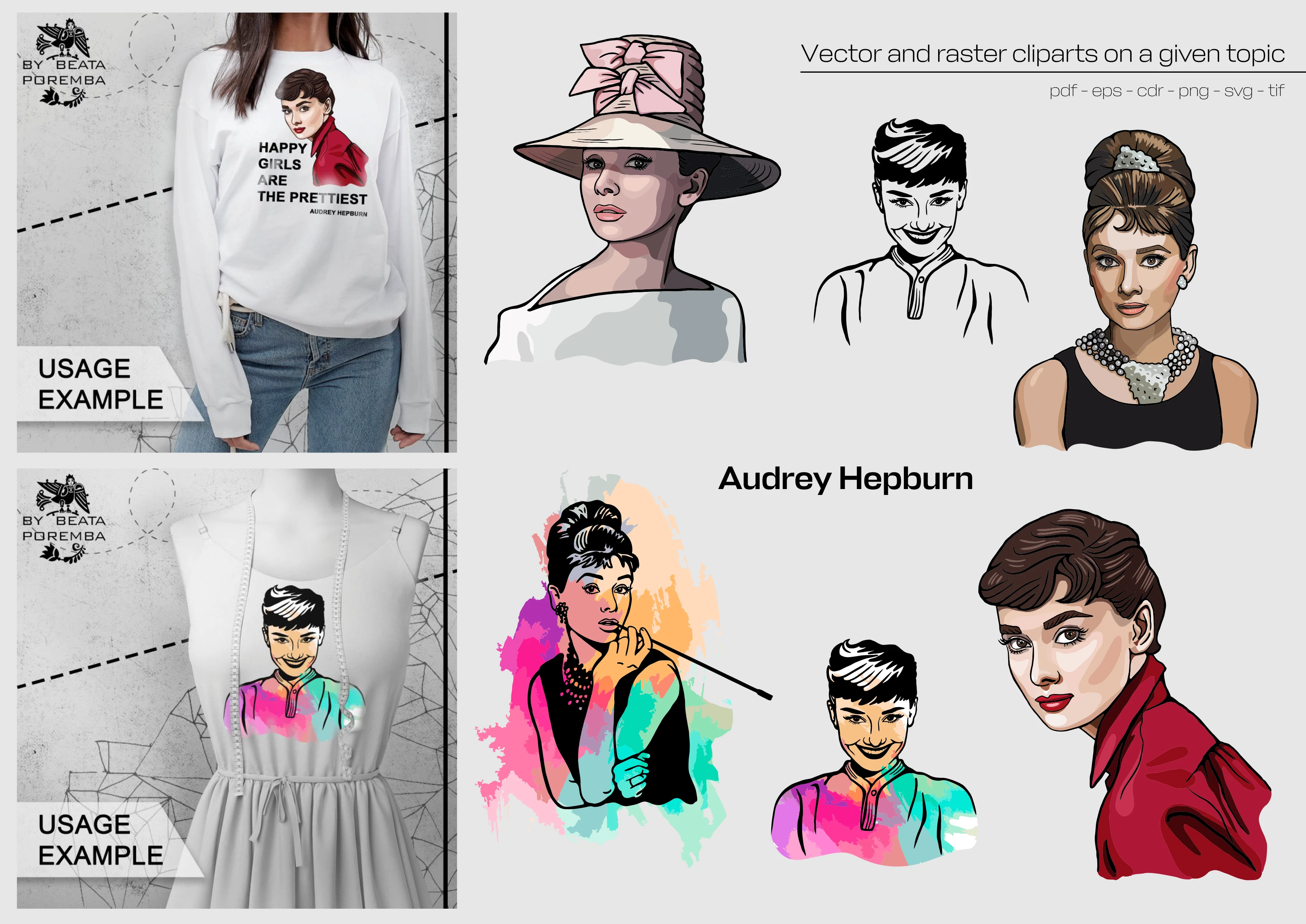 Merch retro design. Apparel. Audrey Hepburn. Creating illustrations and examples of how to use.