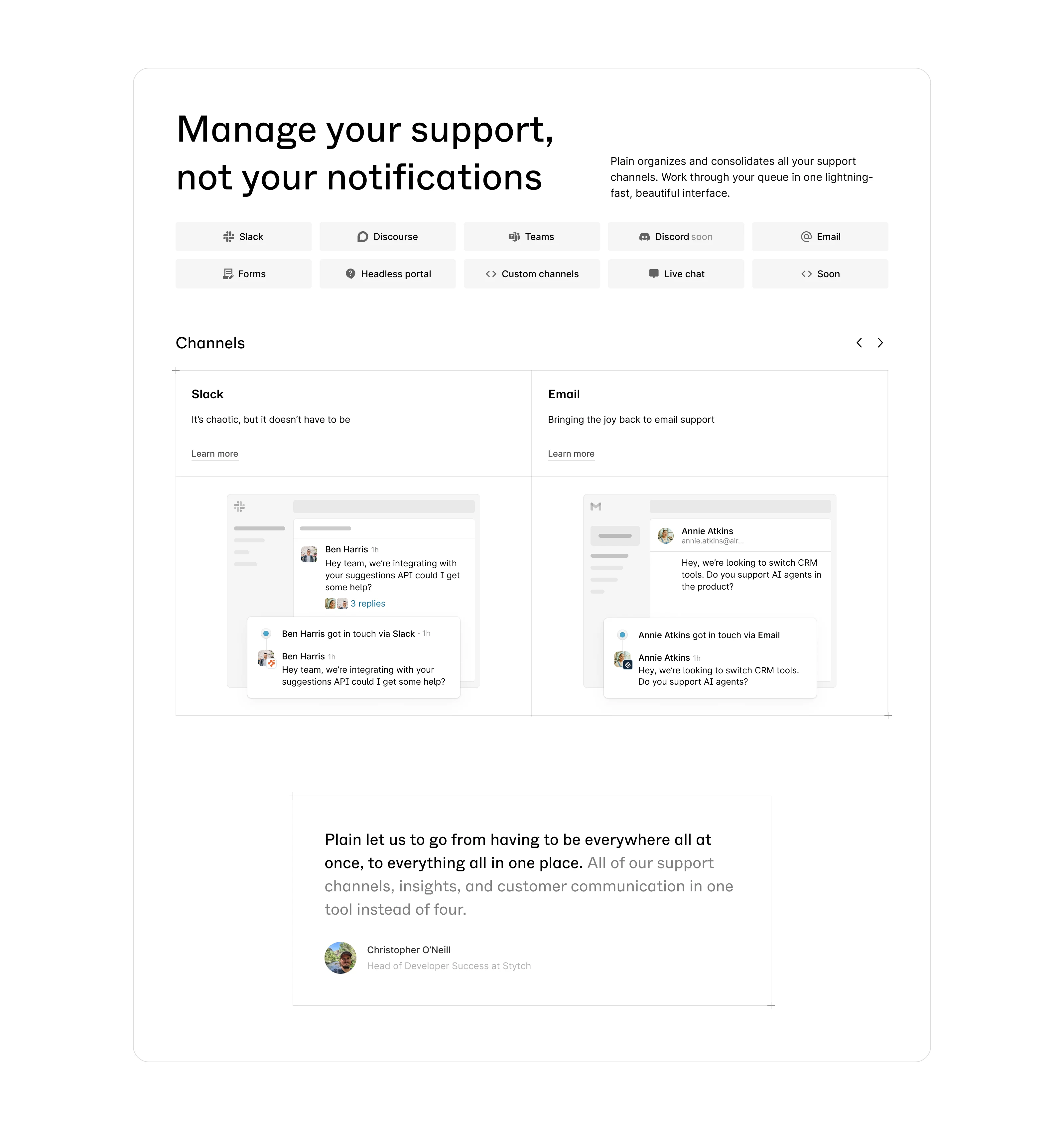 A section that highlighted supported channels on Plain's platform