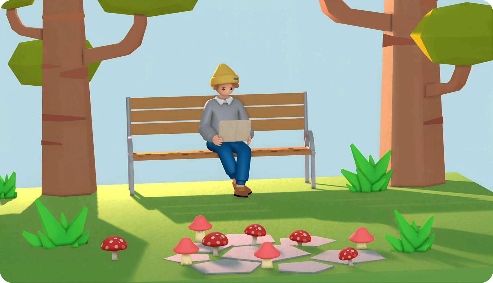 3D illustration of guy on park bench reading a book in the late afternoon.