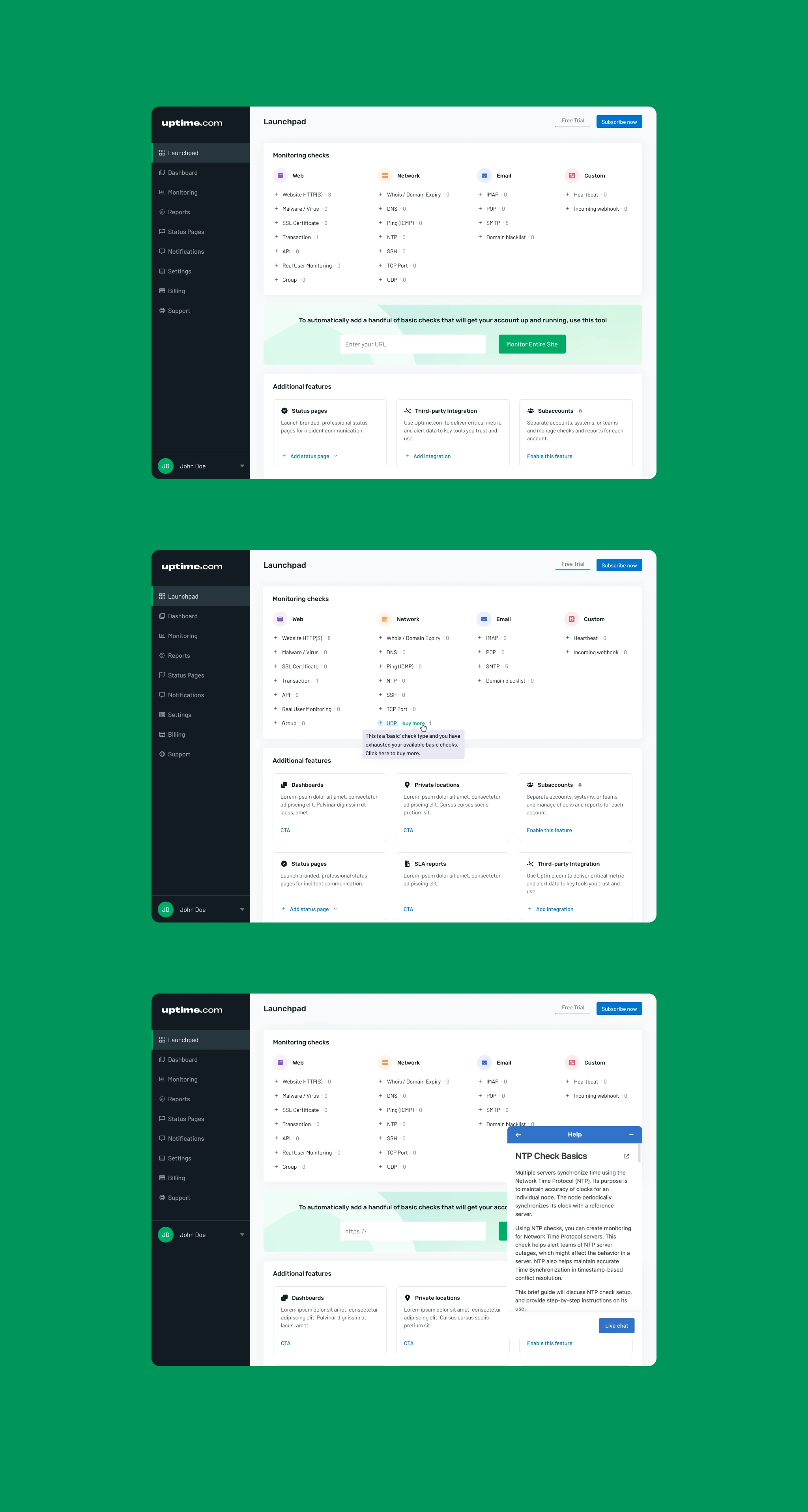 Designed features for the application and an elaborate Design System for Uptime.com, a powerful monitoring tool.