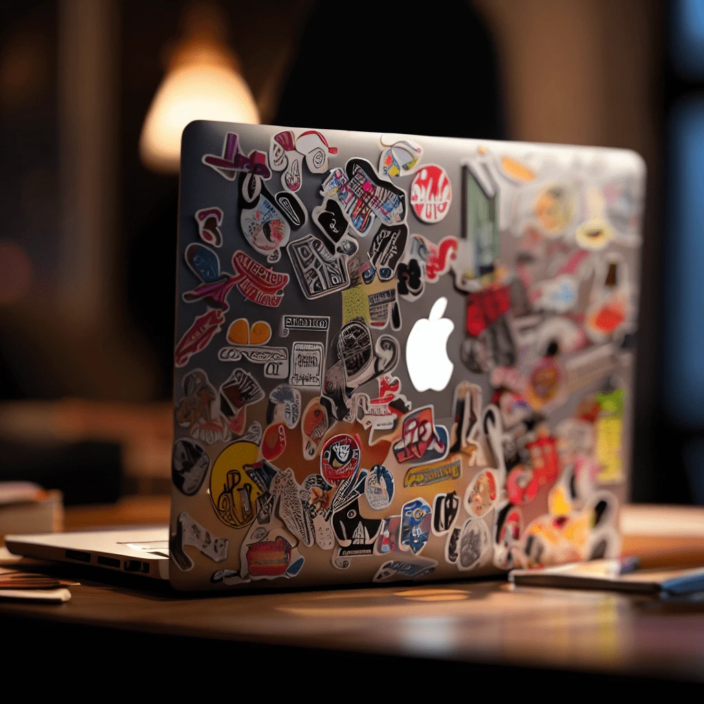 A mac with stickers