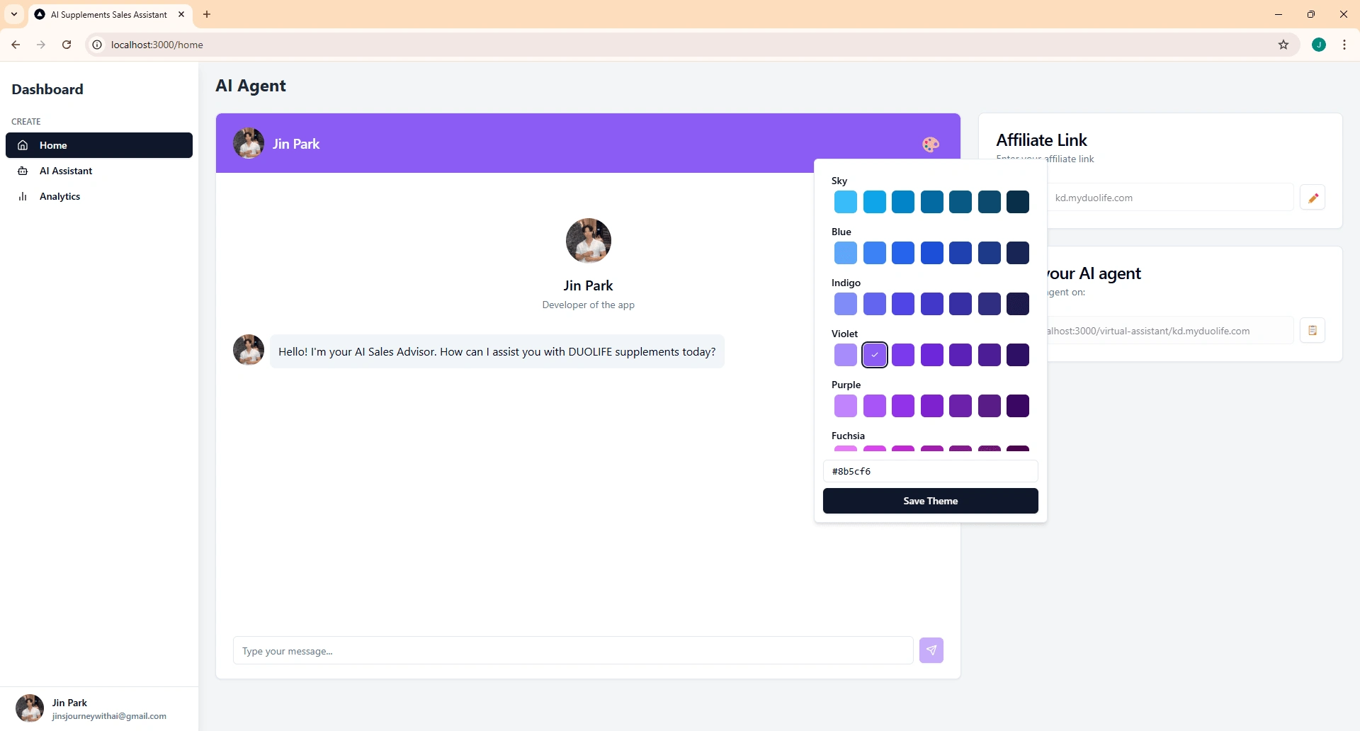 DUOLIFE affiliate members can also change the color of the AI agent by selecting one of the colors from the palette or inputting the hex code of their choice to tailor their AI agent to match their preferences.