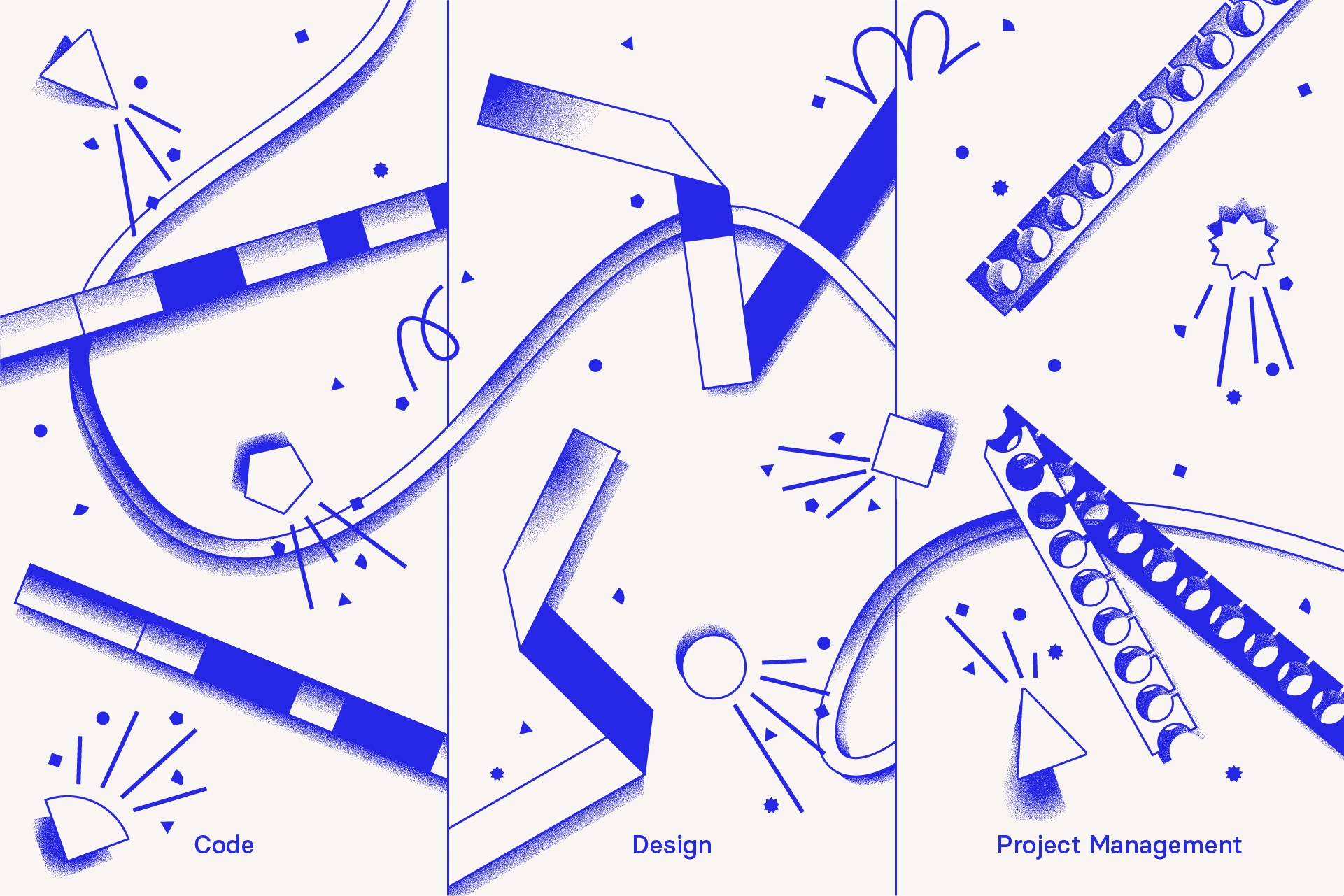 The possible decorative elements used on the foreground layer of each image. The bar-like elements inspired by loading states, paper folds and paper trimmings are specific to each discipline.